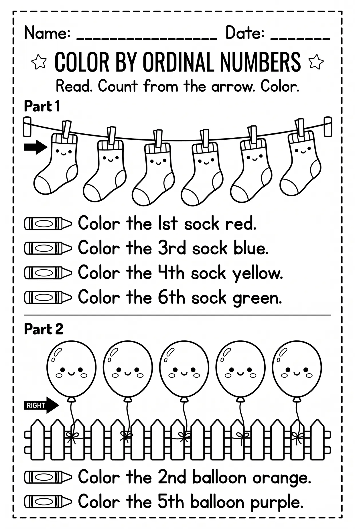 Color by Ordinal Numbers Worksheet: Socks and Balloons, page 1 preview