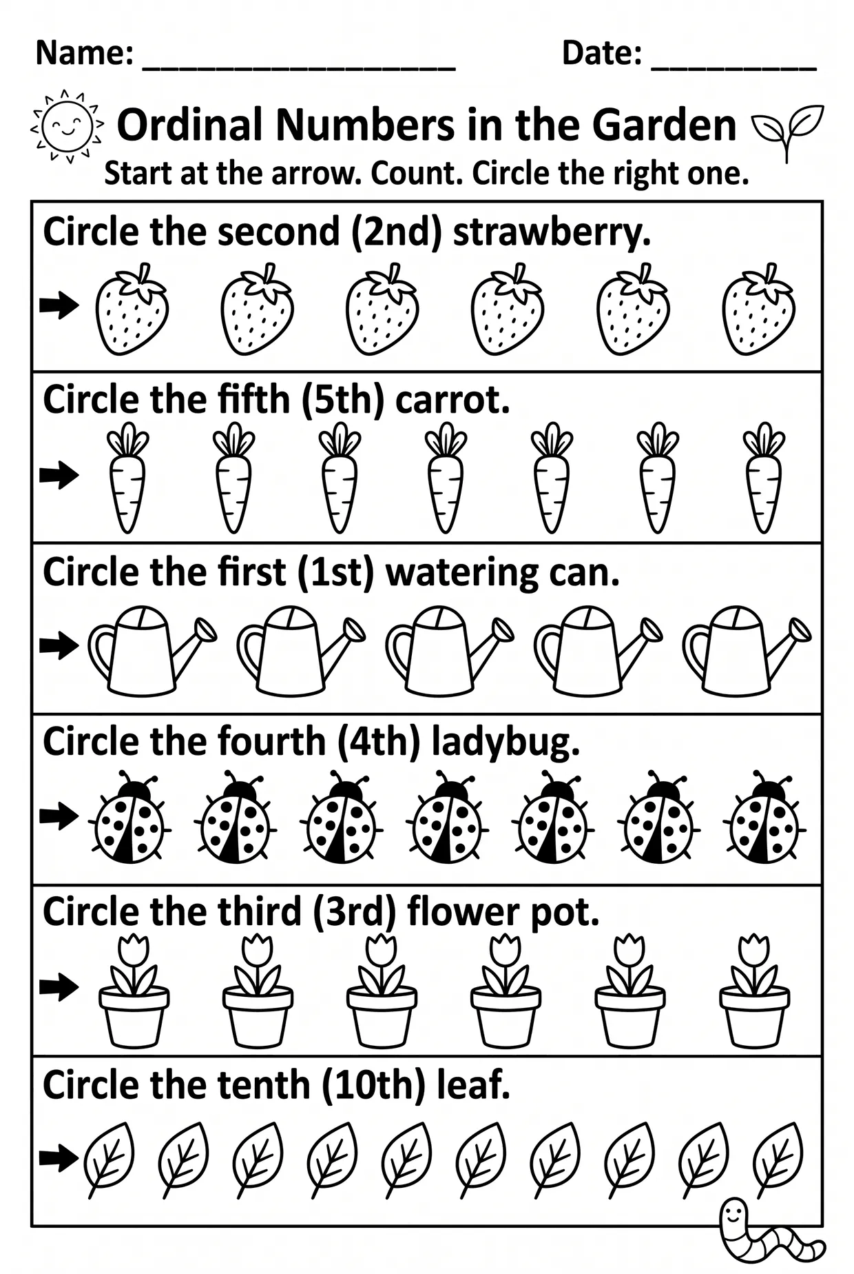 Garden Ordinal Numbers Worksheet: Circle the Picture, page 1 preview