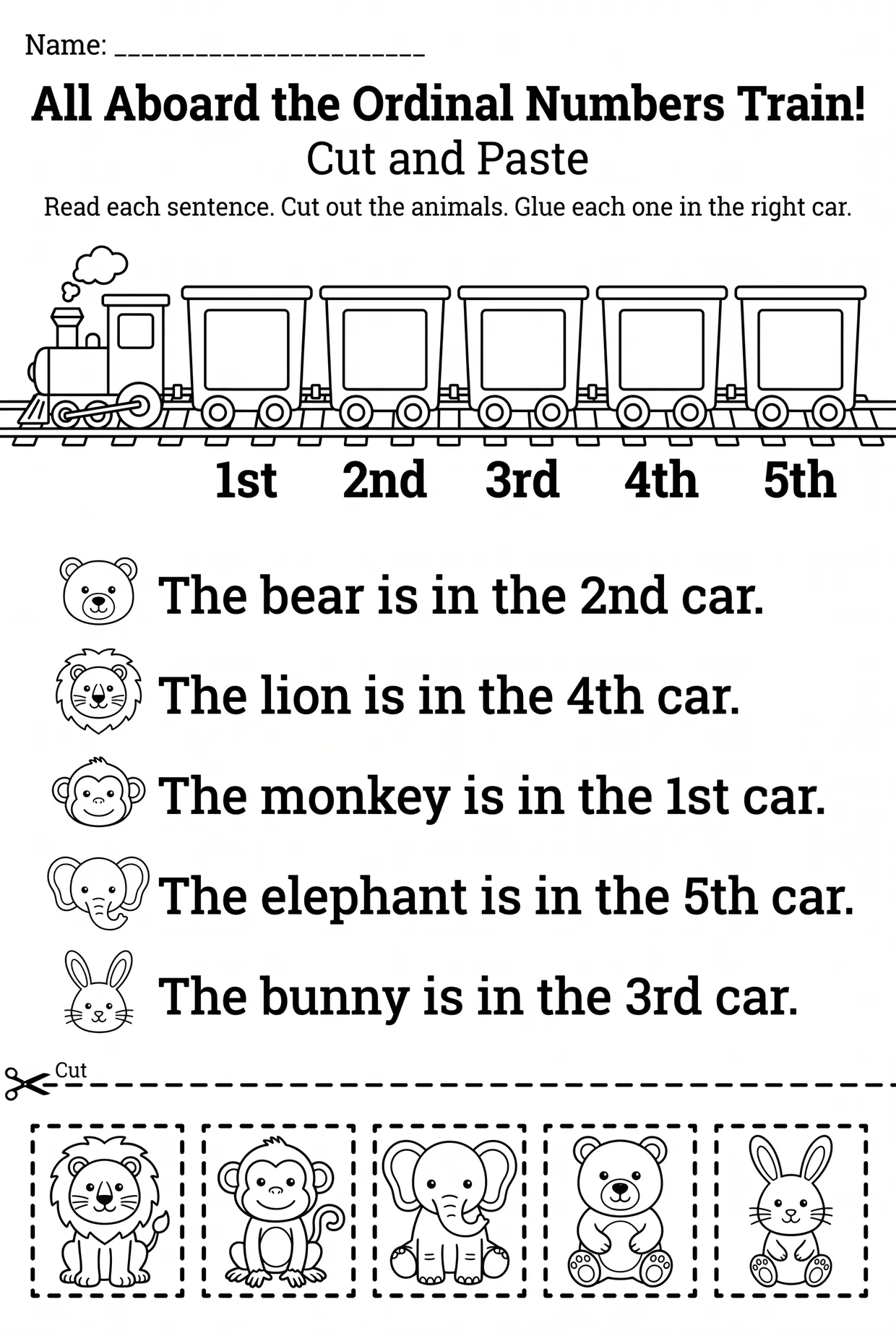 Ordinal Numbers Train Cut and Paste Worksheet, page 1 preview