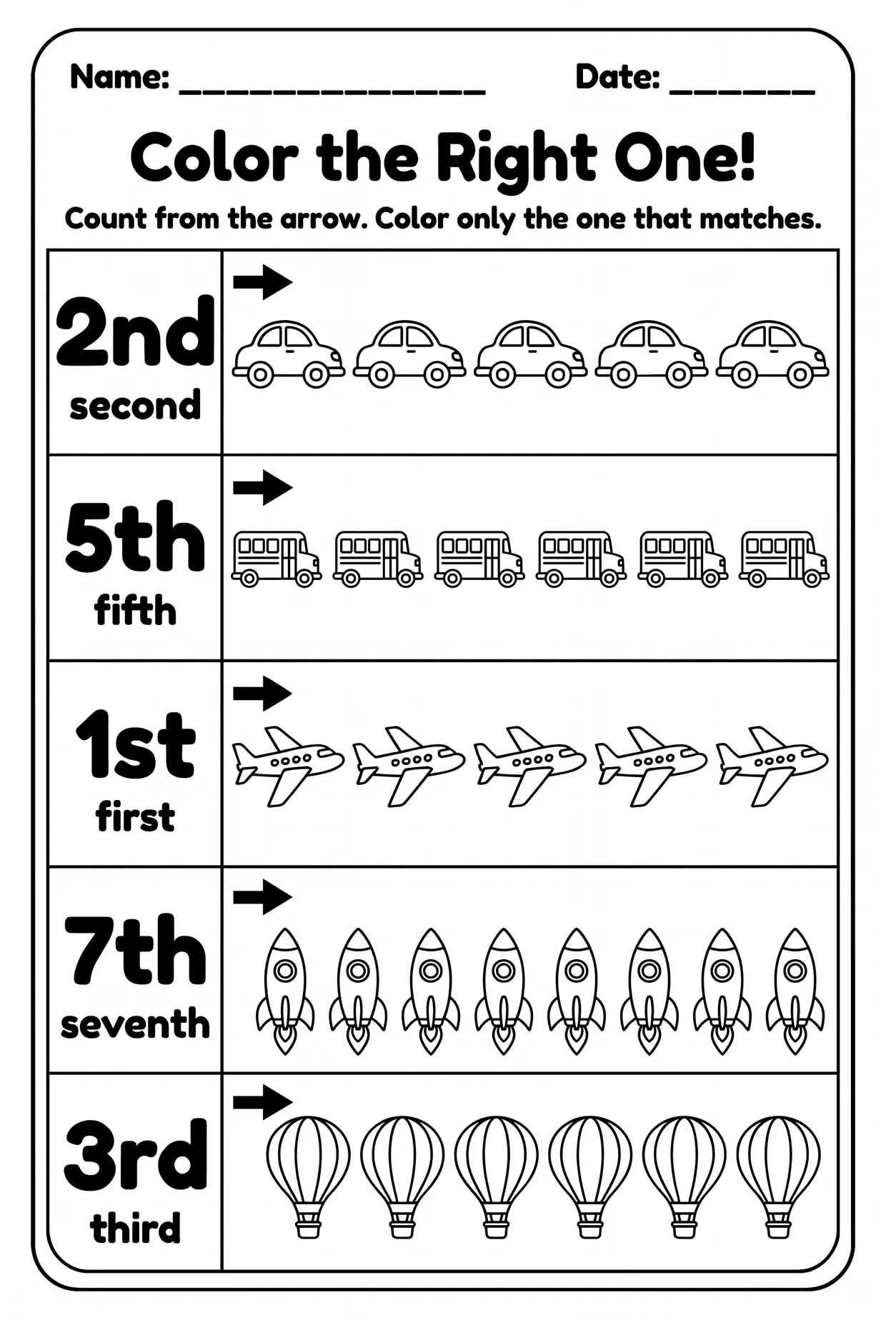 Transportation Ordinal Numbers Coloring Worksheet, page 1 preview