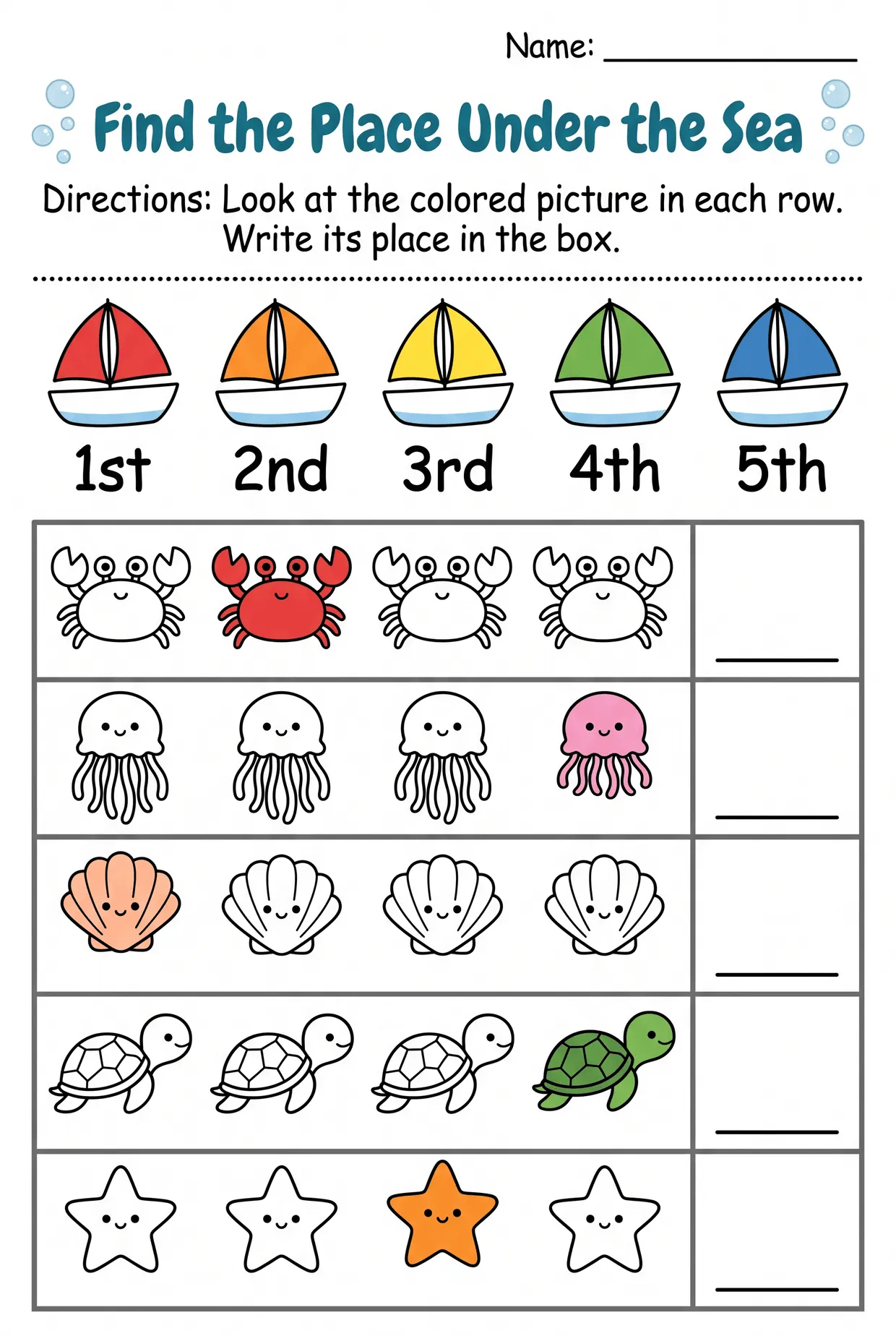 Under the Sea Ordinal Numbers Worksheet, page 1 preview
