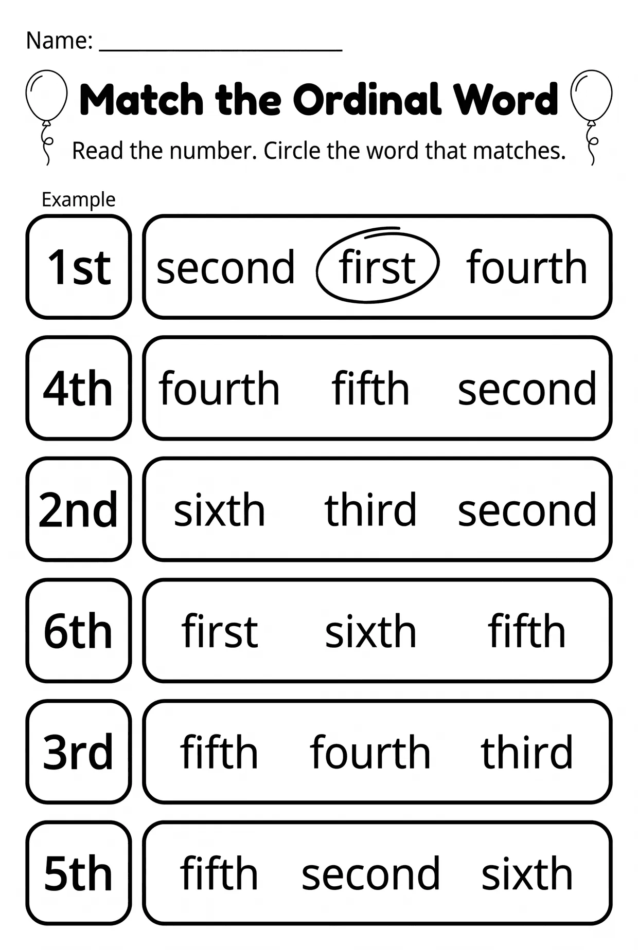Match the Ordinal Number Words Worksheet, page 1 preview