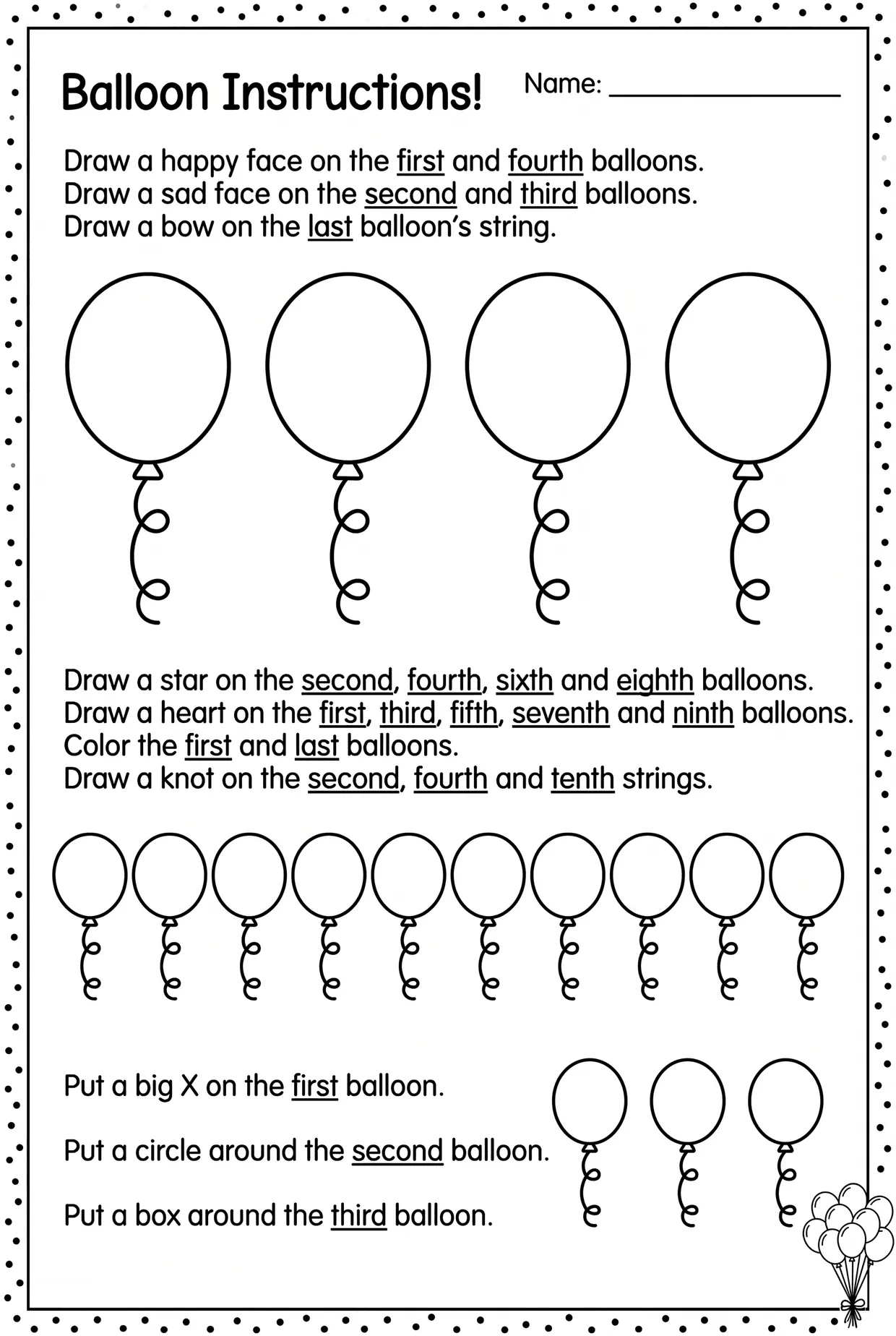 Ordinal Numbers Worksheet: Balloon Instructions, page 1 preview