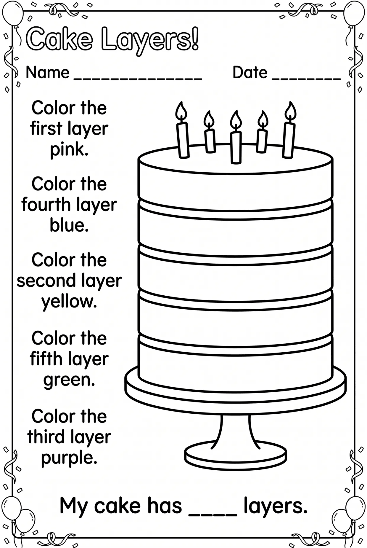 Ordinal Numbers Worksheet: Color the Cake Layers, page 1 preview