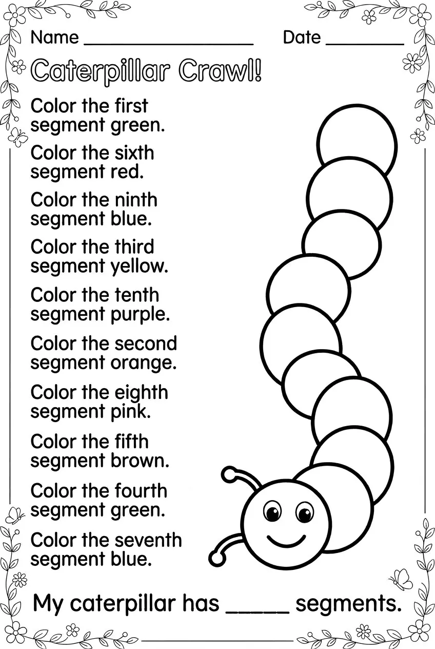 Ordinal Numbers Worksheet: Caterpillar Coloring, page 1 preview