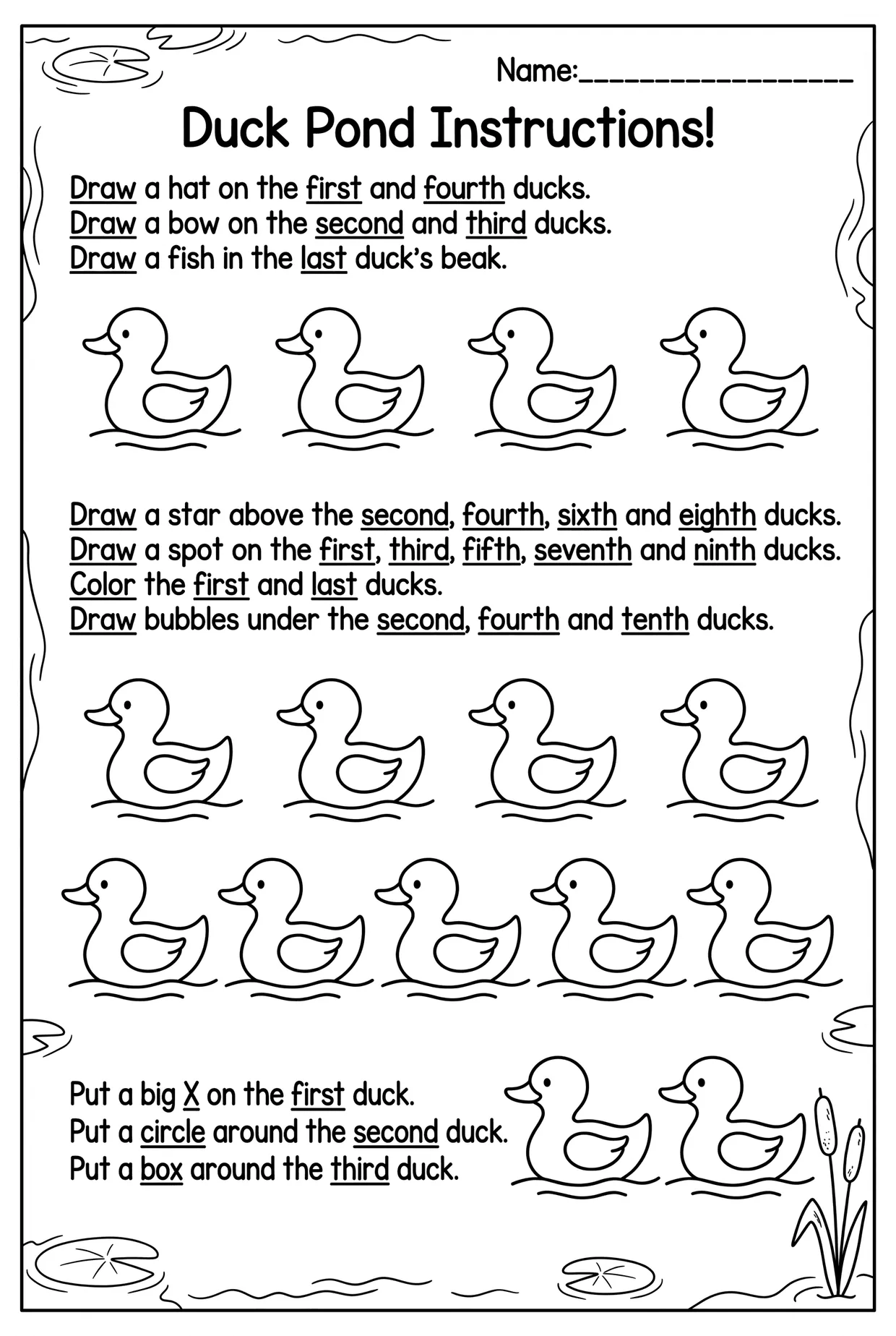 Ordinal Numbers Worksheet: Duck Pond Instructions, page 1 preview