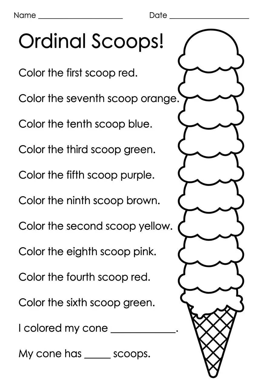 Ordinal Numbers Worksheet: Ice Cream Scoops, page 1 preview