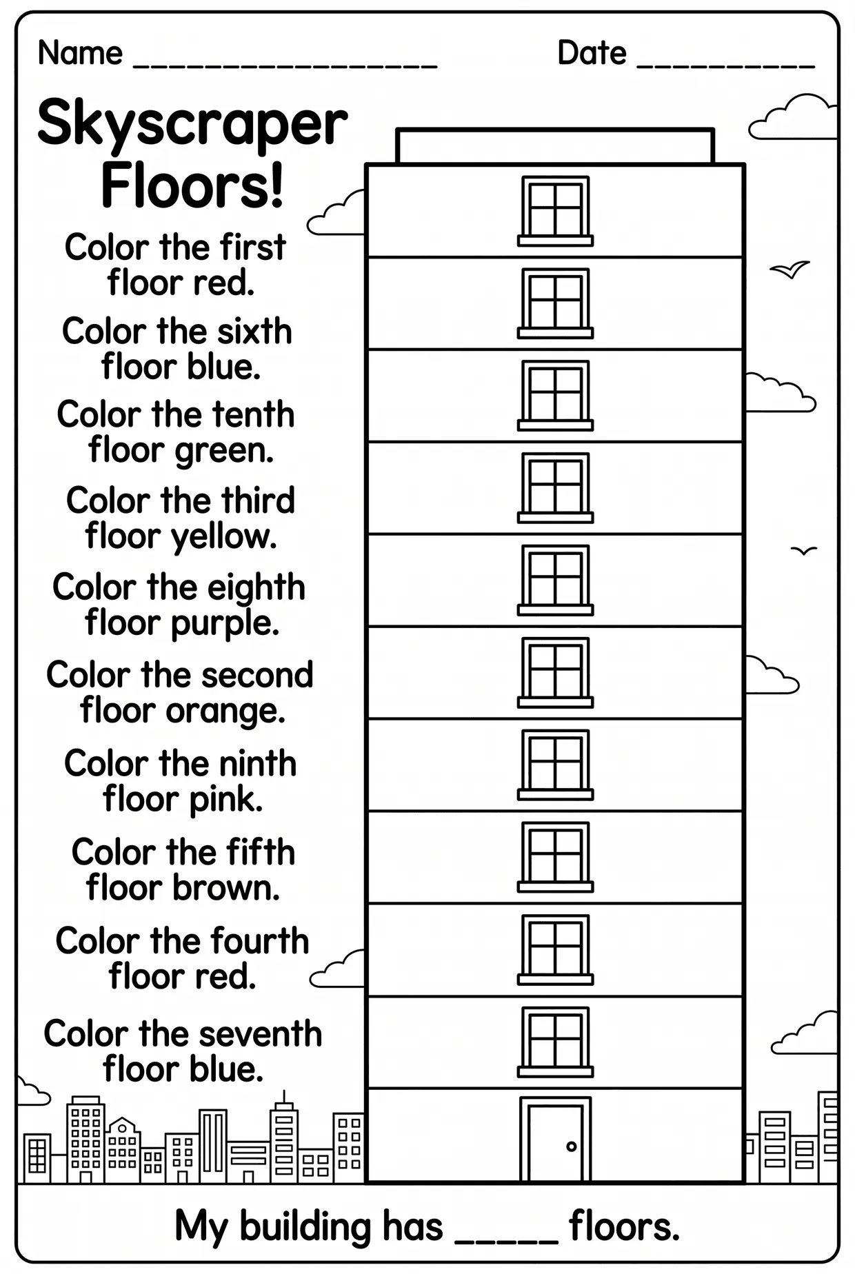 Ordinal Numbers Worksheet: Skyscraper Floors, page 1 preview