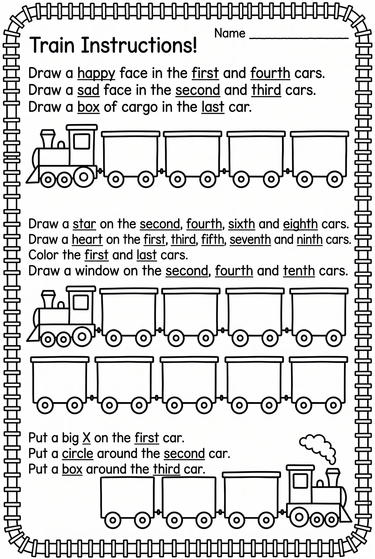 Ordinal Numbers Worksheet: Train Car Instructions, page 1 preview