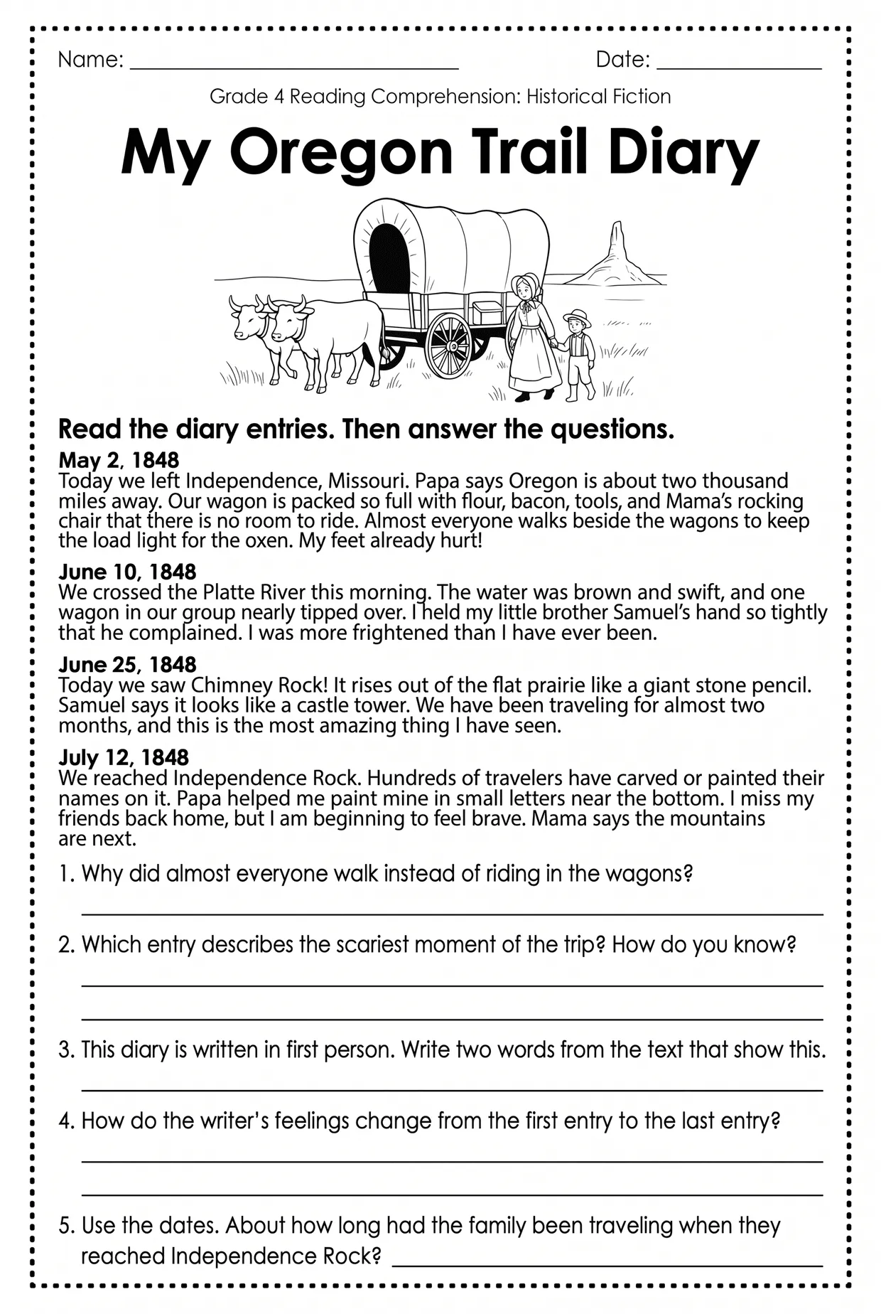 Oregon Trail 4th Grade Reading Comprehension Worksheet, page 1 preview