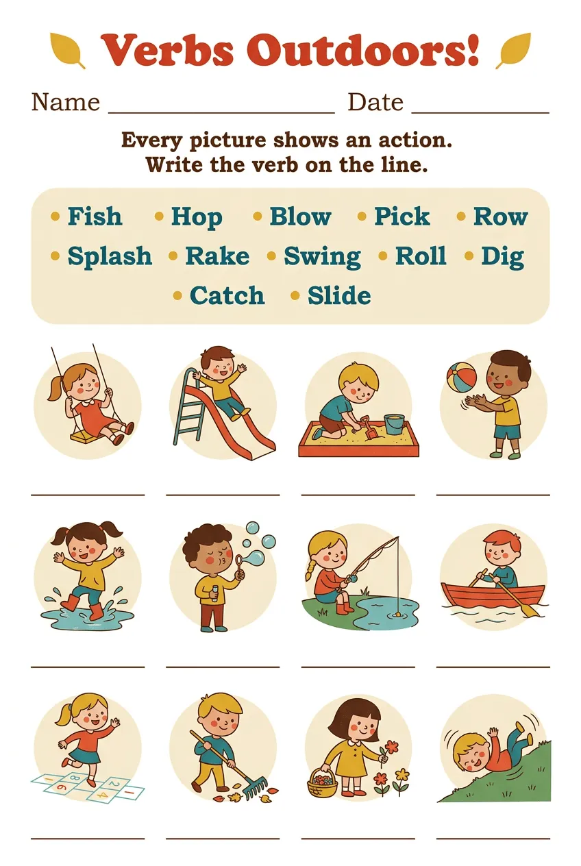 Outdoor Action Verbs Worksheet: 12 Things Kids Do, page 1 preview