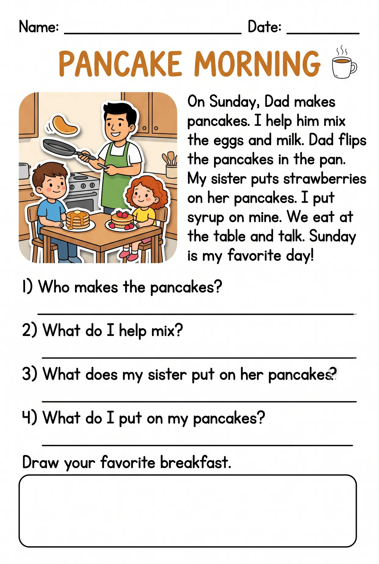 Pancake Morning First Grade Reading Comprehension, page 1 preview
