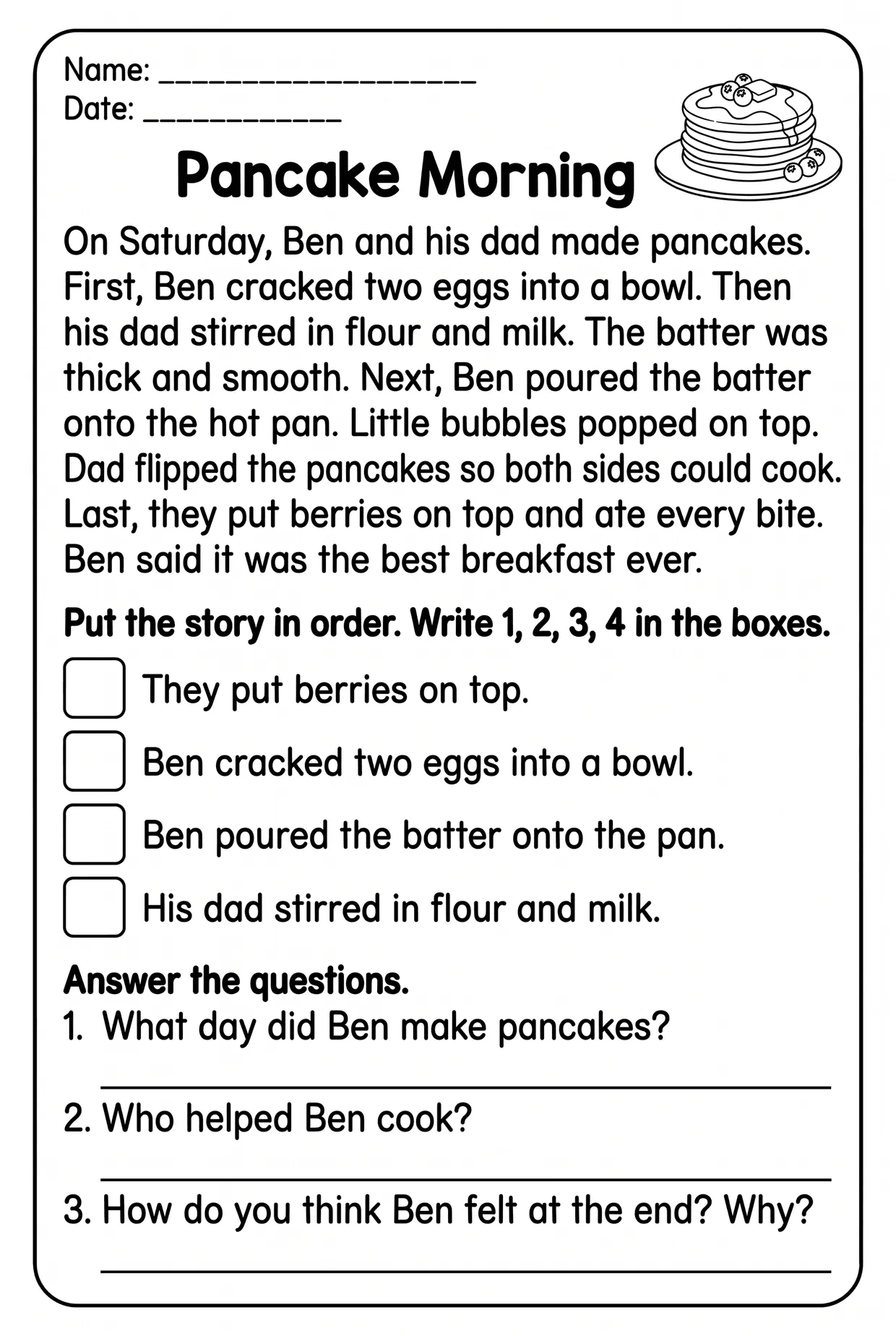 Pancake Morning Sequencing Worksheet for Grade 2, page 1 preview