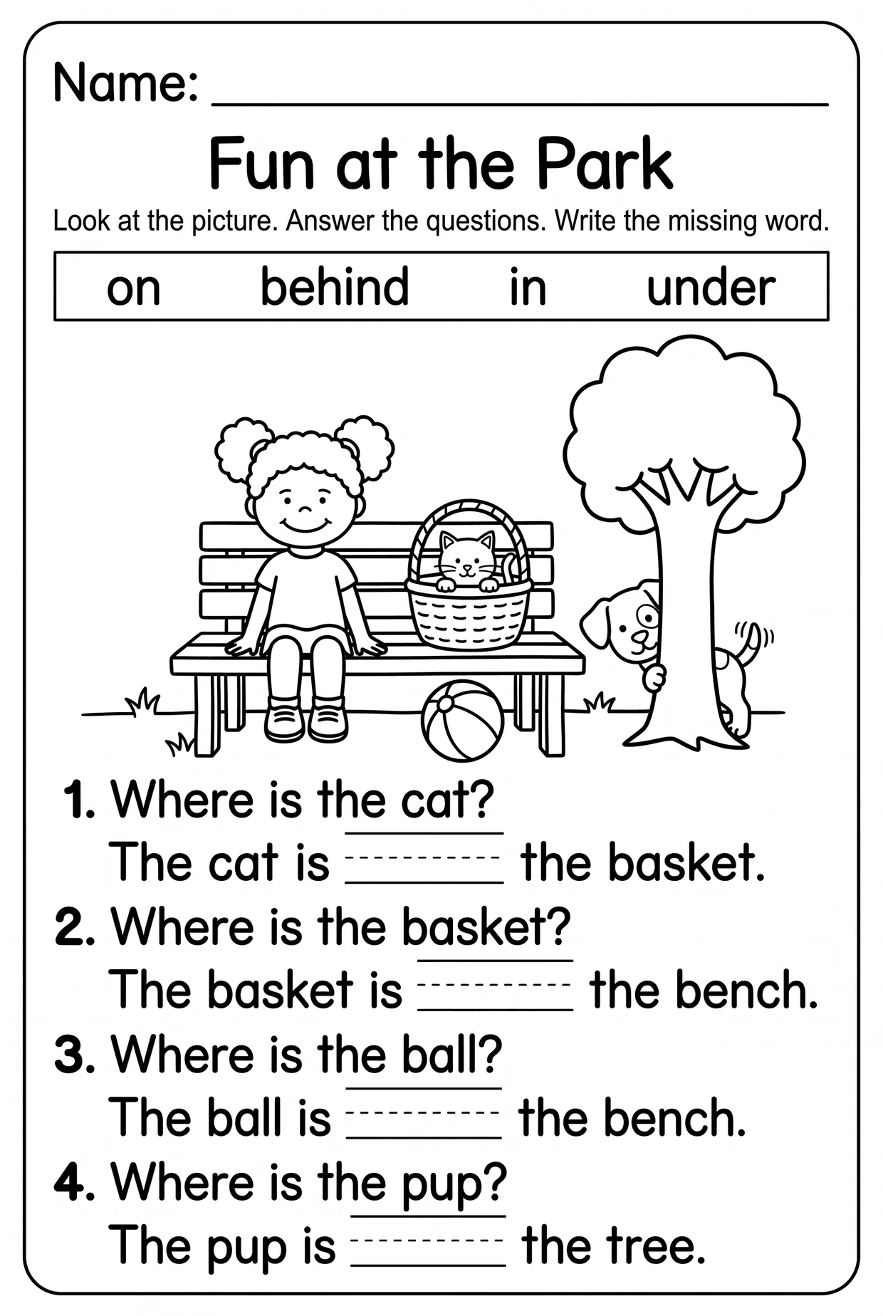 Fun at the Park Prepositions Worksheet for Kindergarten worksheet preview