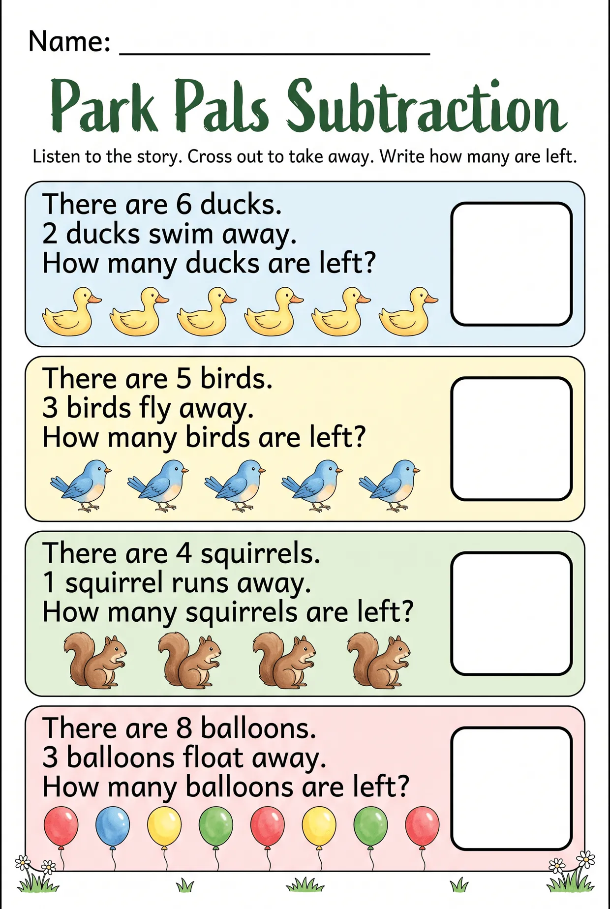 Subtraction Story Problems Worksheet for Kindergarten, page 1 preview