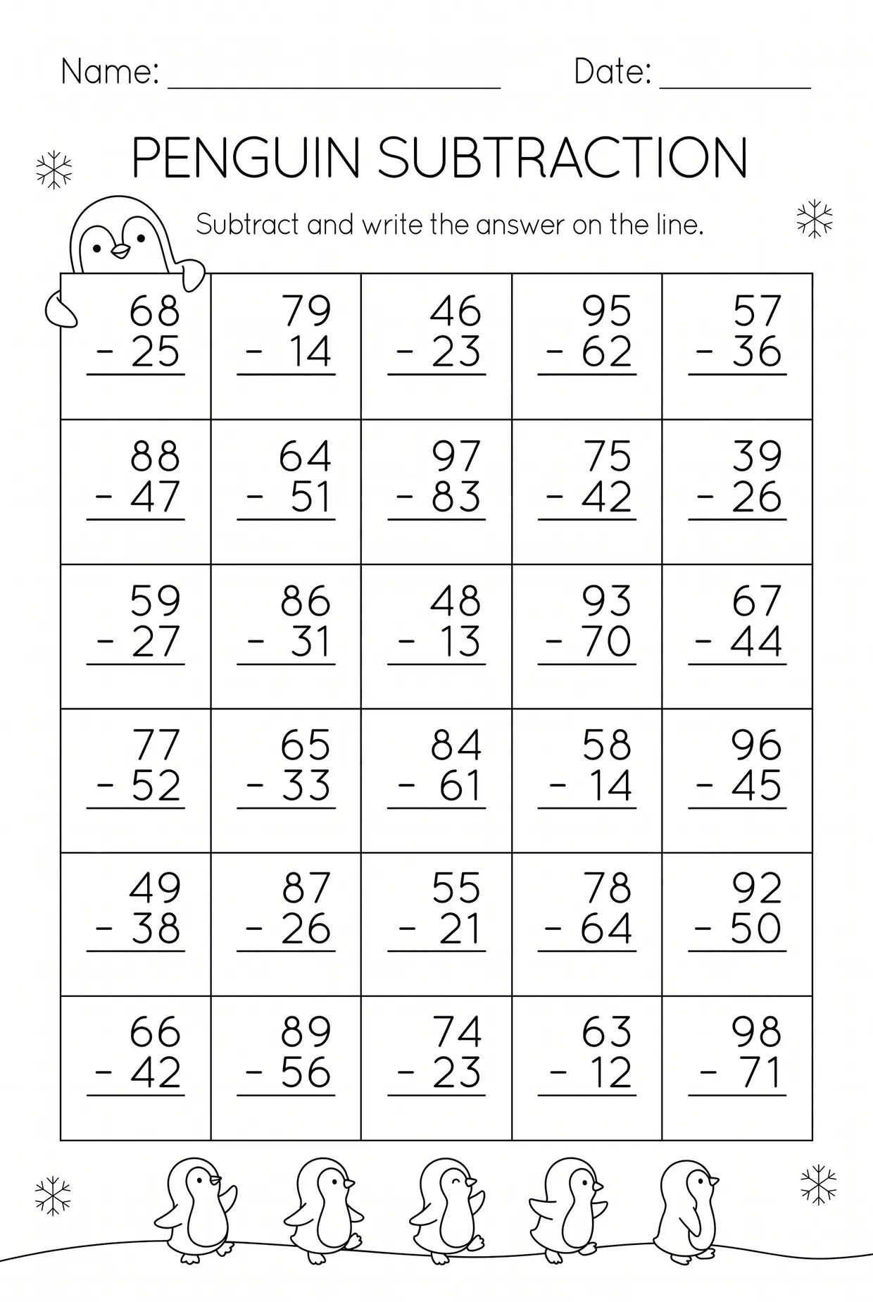 Penguin 2nd Grade Subtraction Worksheet, page 1 preview