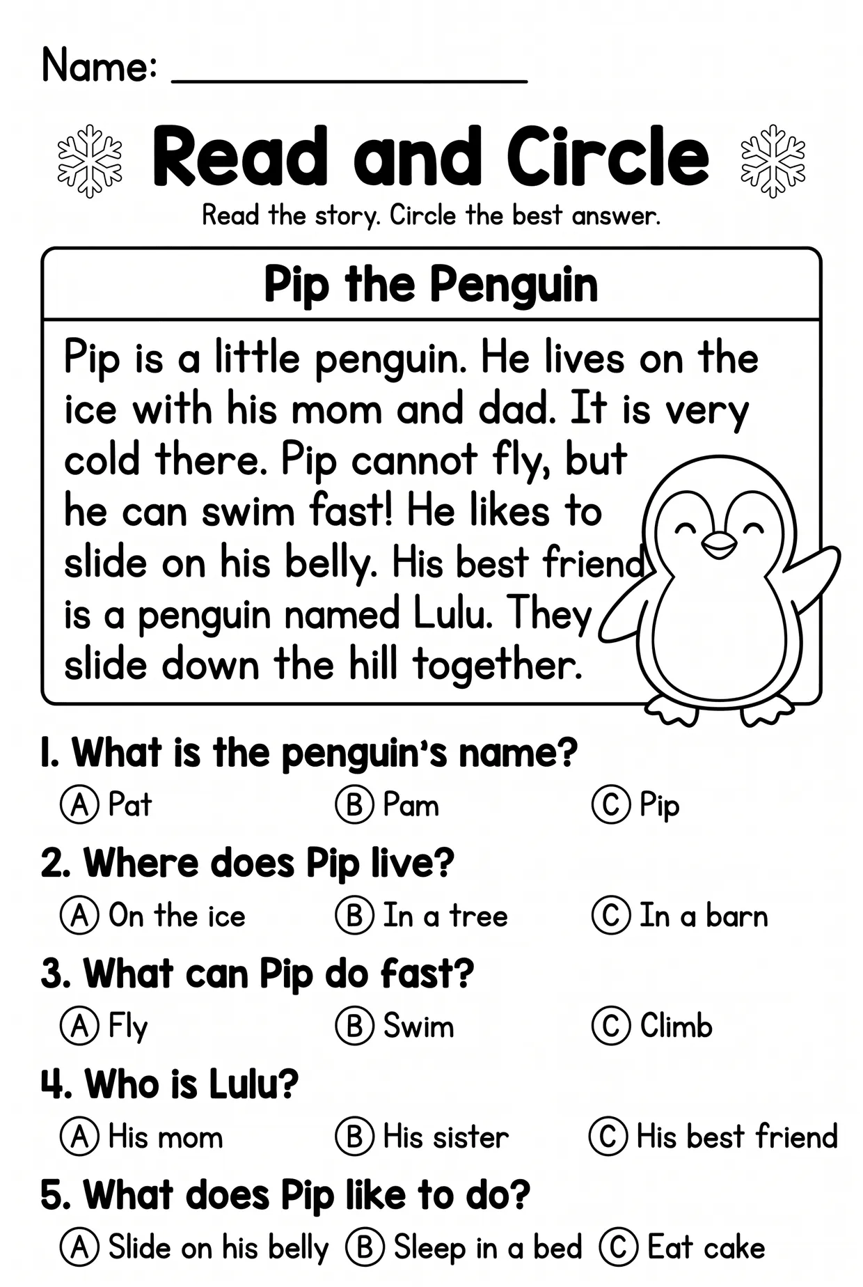 Pip the Penguin Reading Comprehension for 1st Grade, page 1 preview