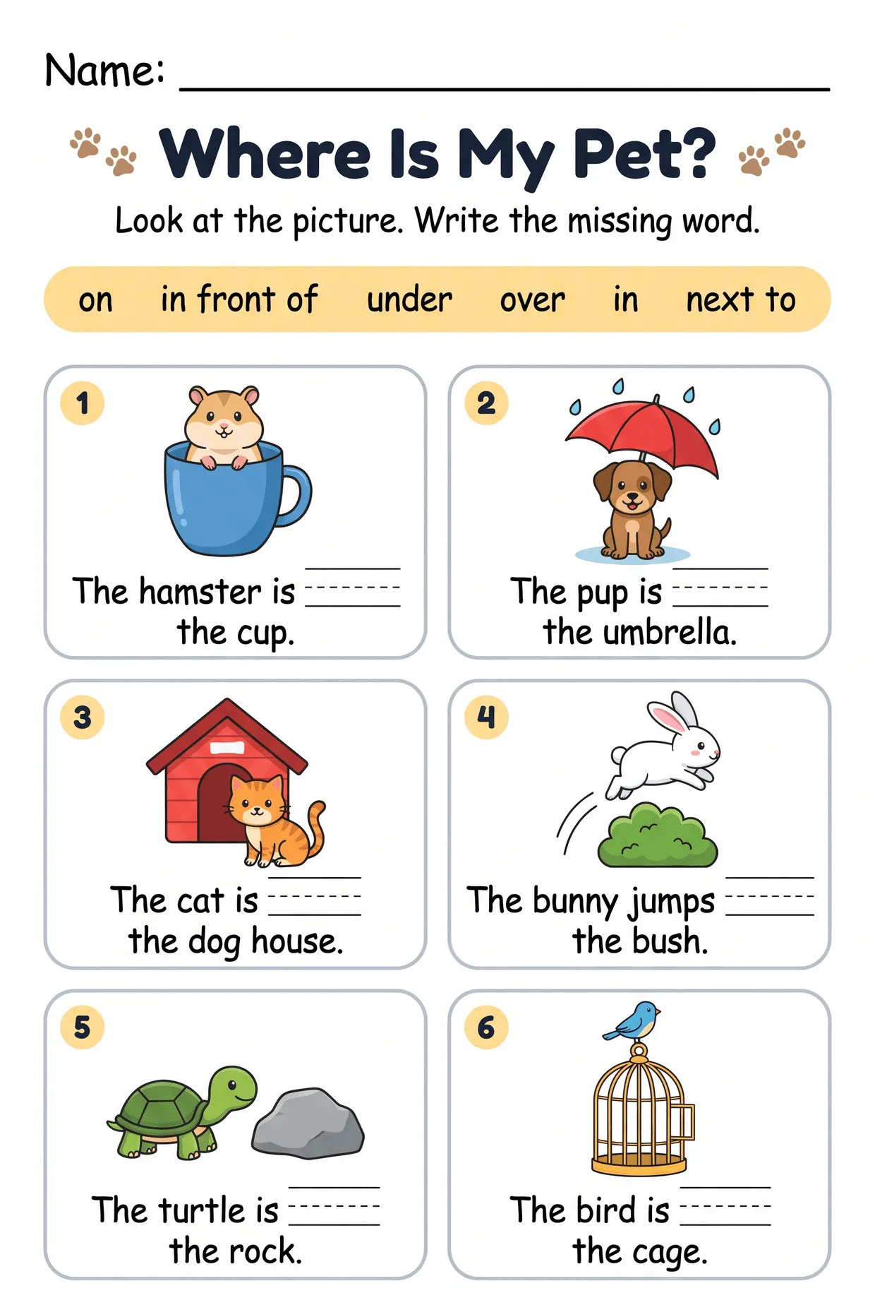 Where Is My Pet? Kindergarten Prepositions Worksheet, page 1 preview