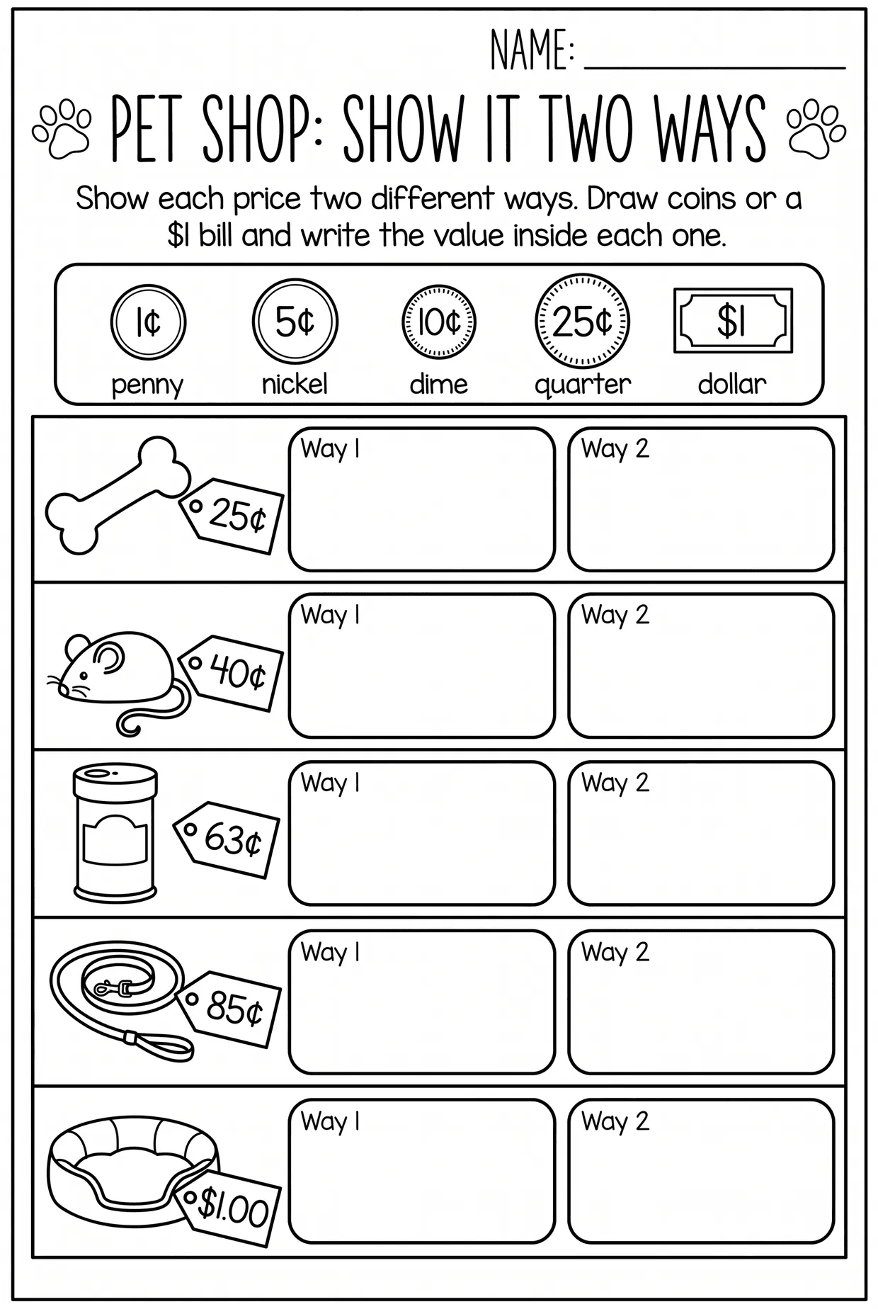 Pet Shop Show It Two Ways: 2nd Grade Money Worksheet, page 1 preview