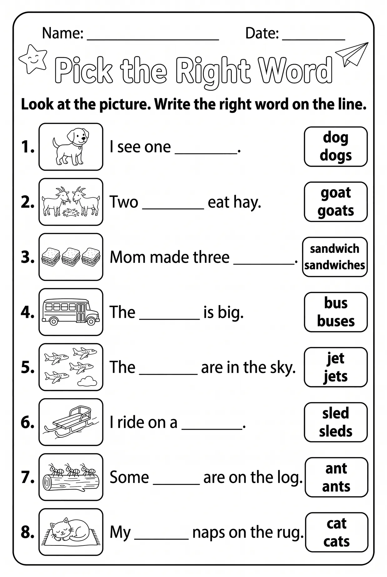 Singular Plural Sentences Worksheet for 1st Grade, page 1 preview