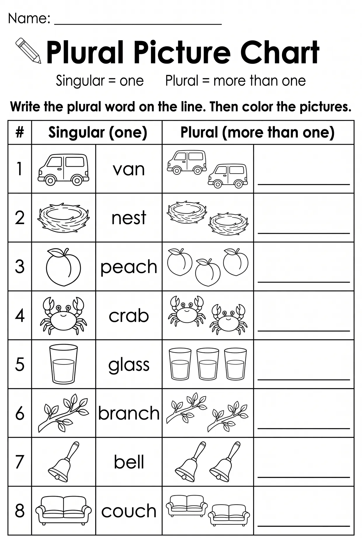 Singular Plural Picture Chart Worksheet for First Grade, page 1 preview