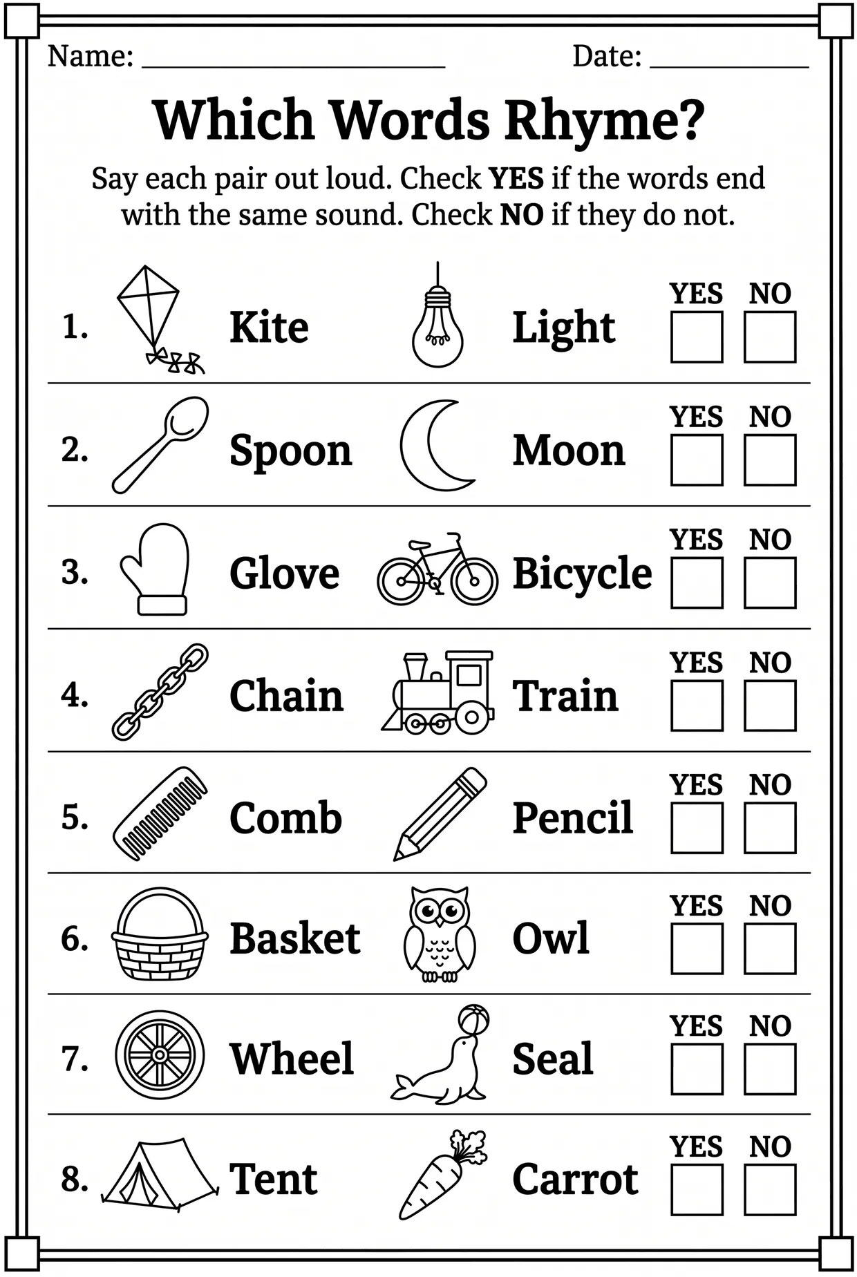 Picture Pairs Yes or No Rhyming Words Worksheet, page 1 preview