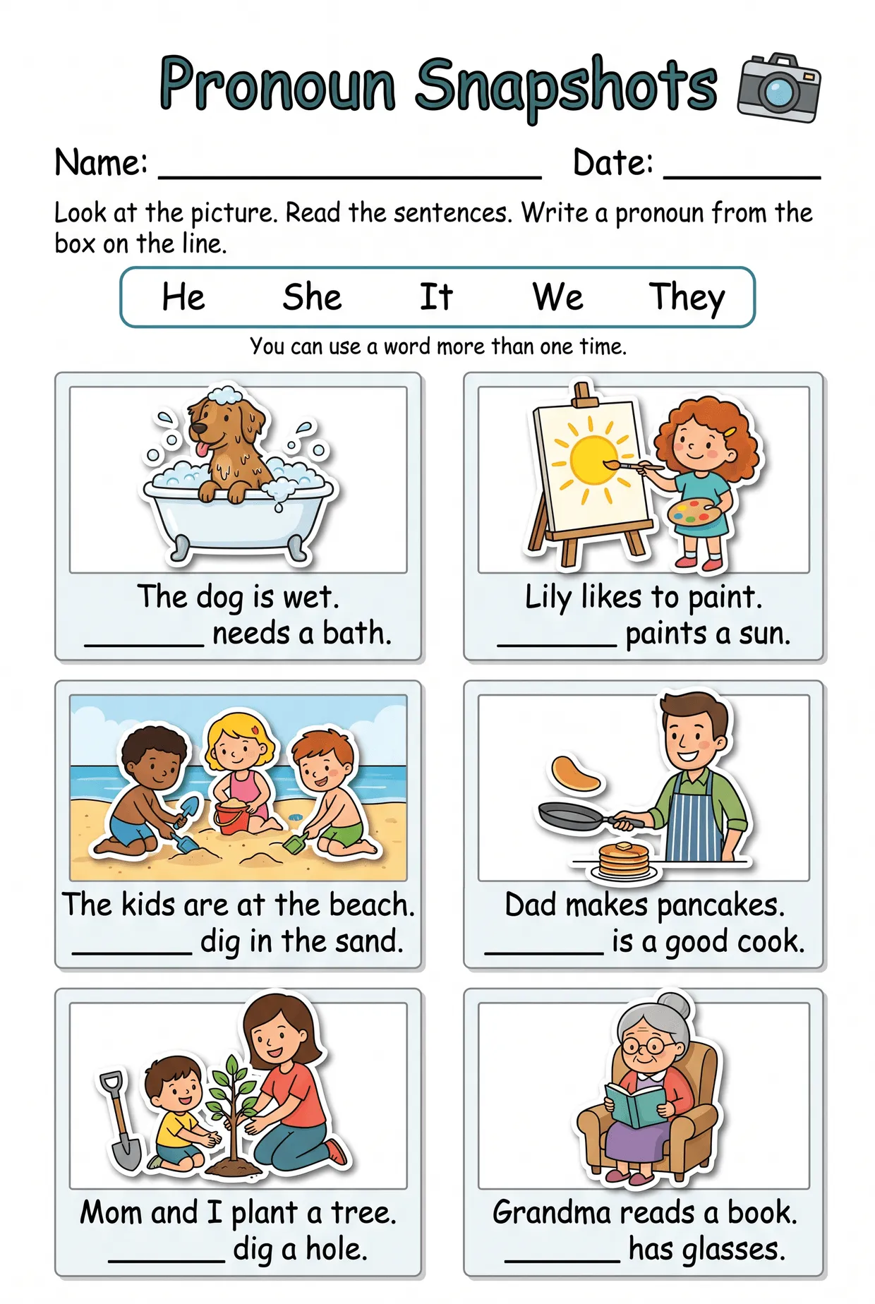 Pronoun Snapshots Picture Sentences Worksheet for Grade 1, page 1 preview