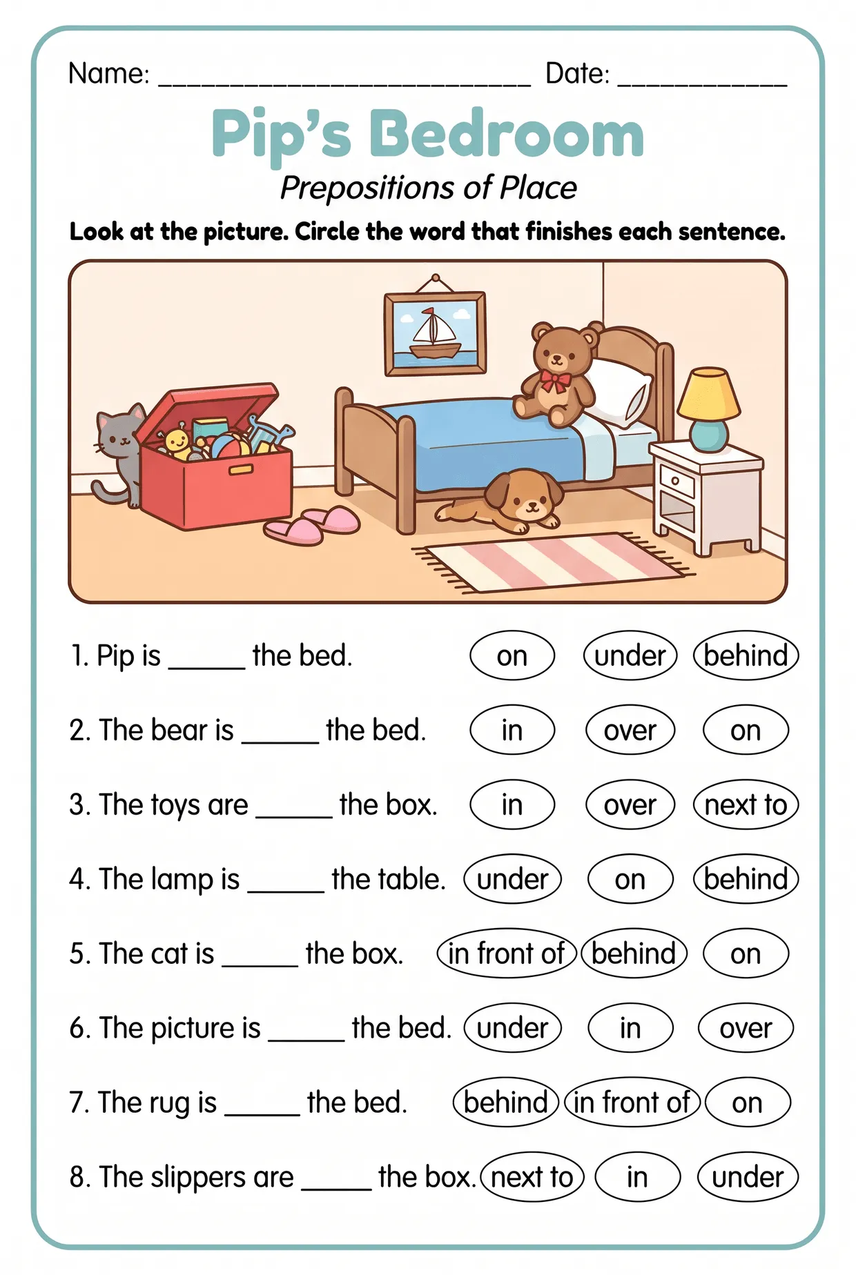Pip's Bedroom Prepositions Worksheet: Circle the Word, page 1 preview