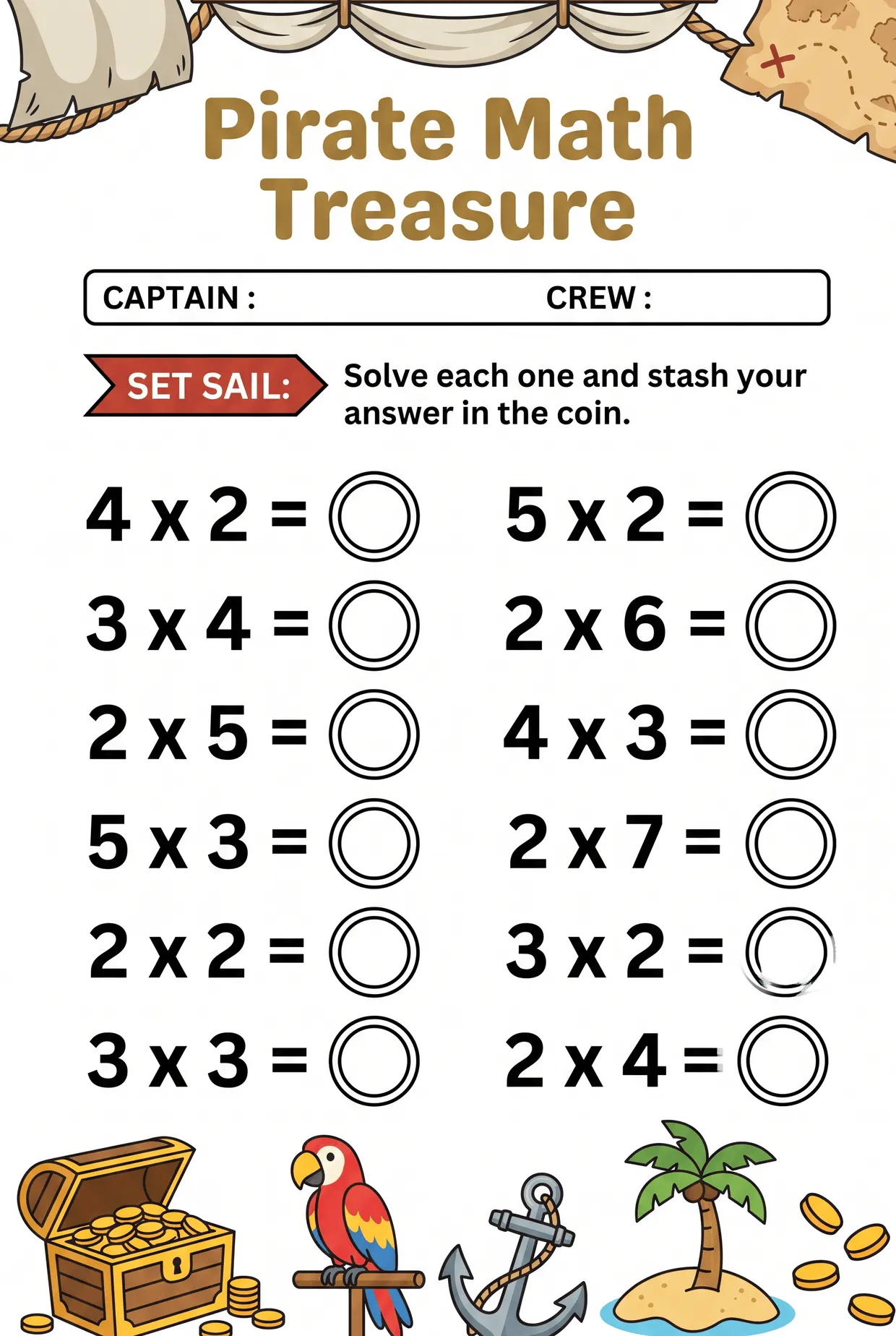 Pirate Math Treasure: Multiplication Coins Worksheet, page 1 preview