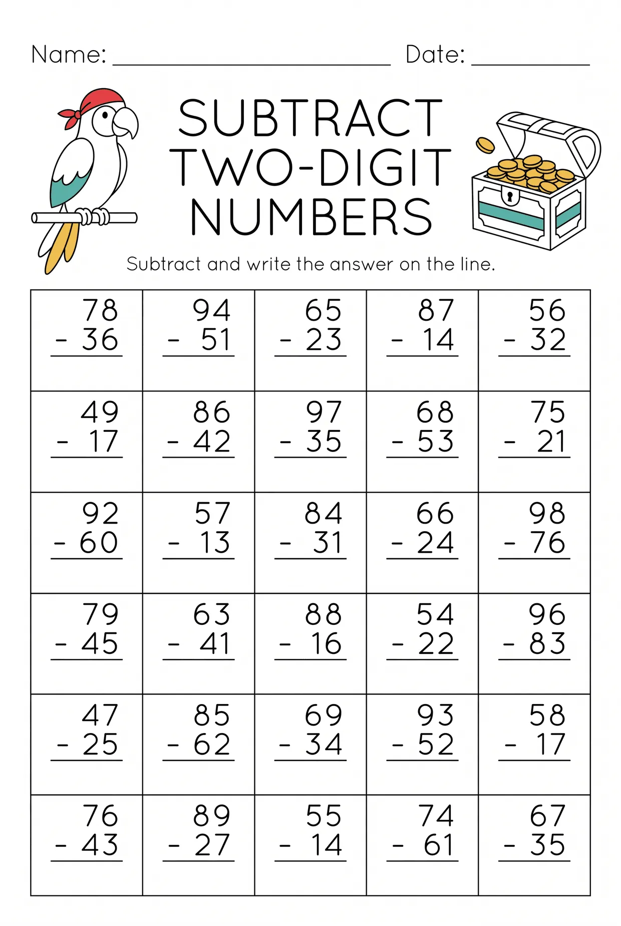 Pirate Parrot 2nd Grade Subtraction Worksheet worksheet preview