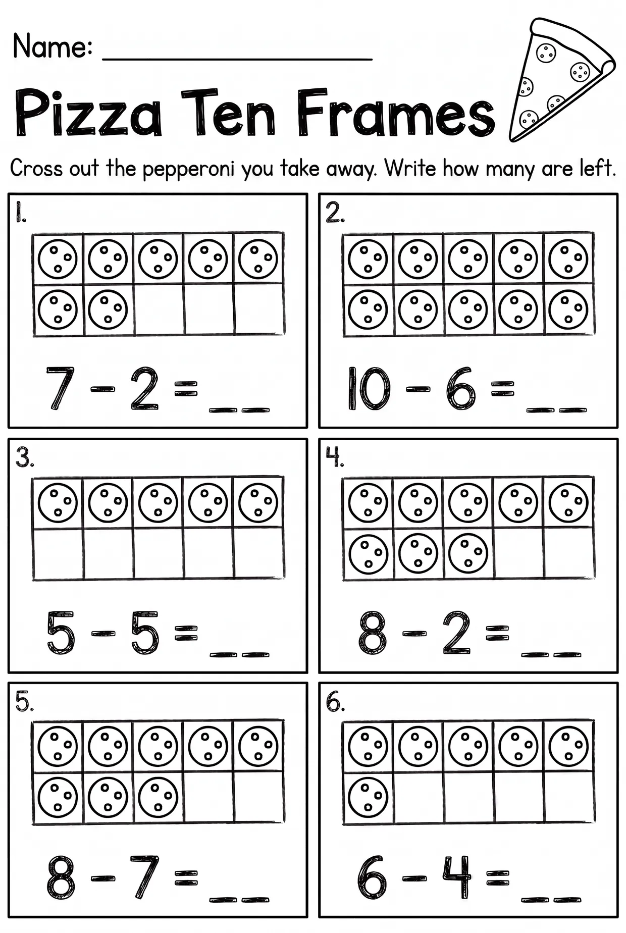 Pizza Ten Frame Subtraction Worksheet for Kindergarten, page 1 preview