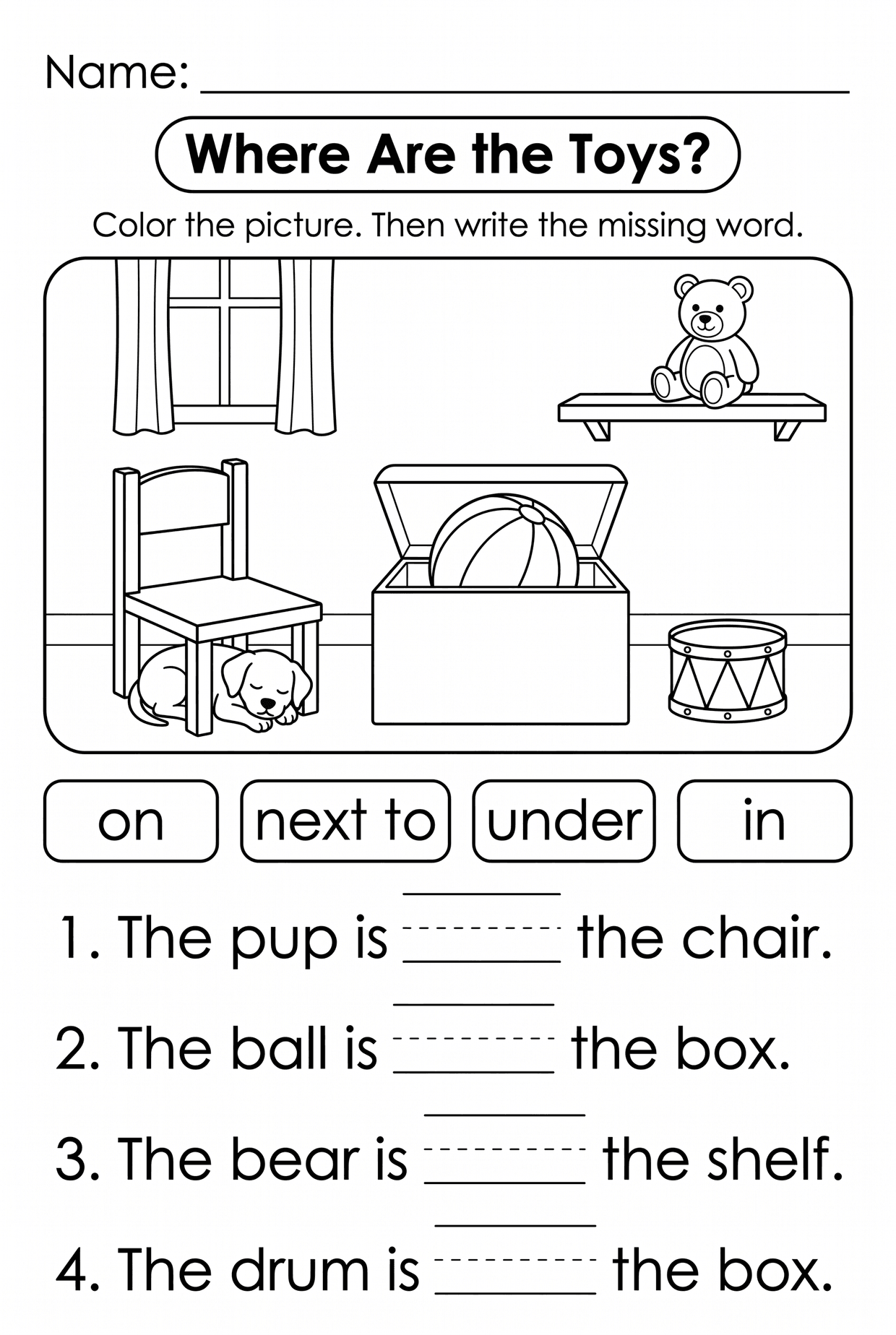 Where Are the Toys? Kindergarten Prepositions Worksheet