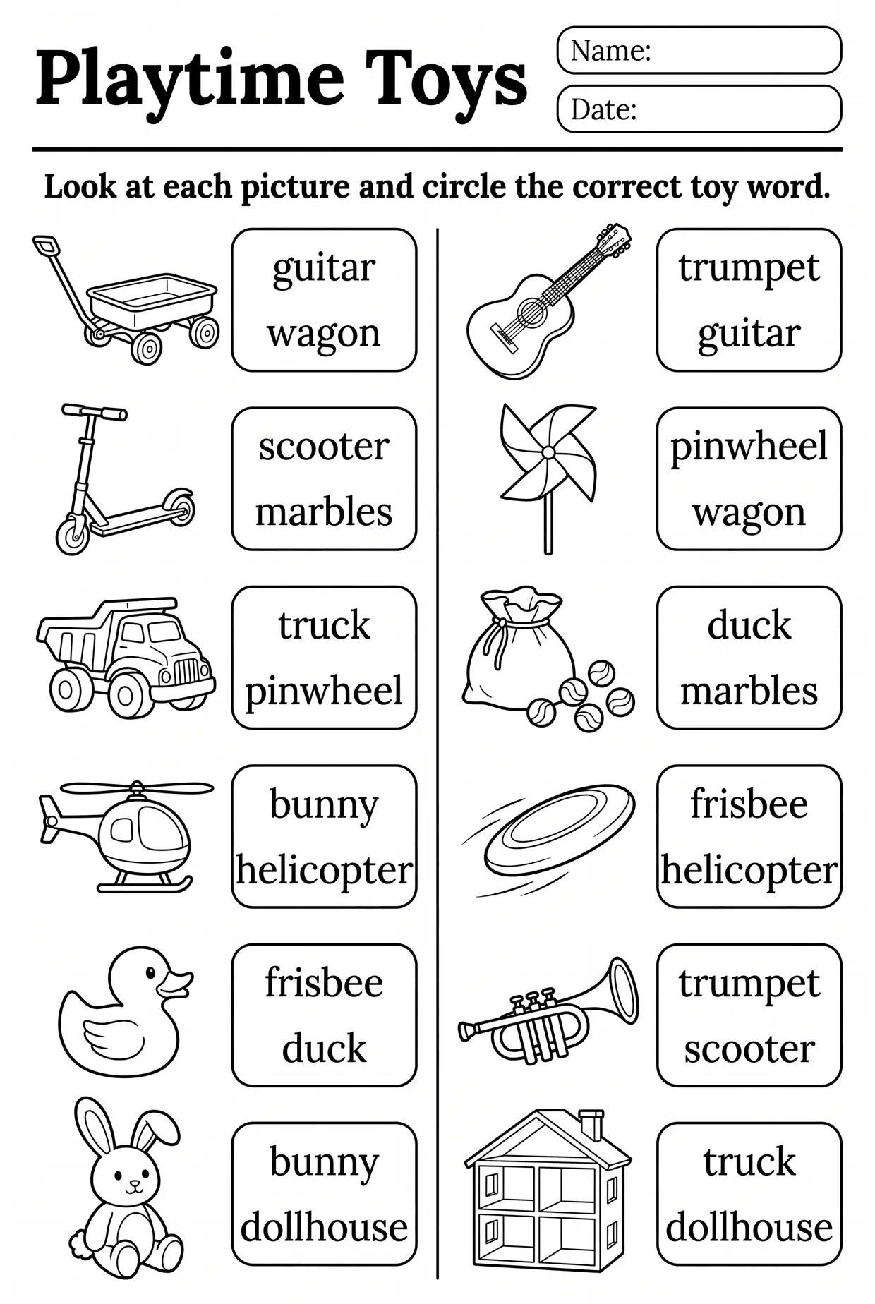 Playtime Toys: Circle the Word Toys Worksheet, page 1 preview