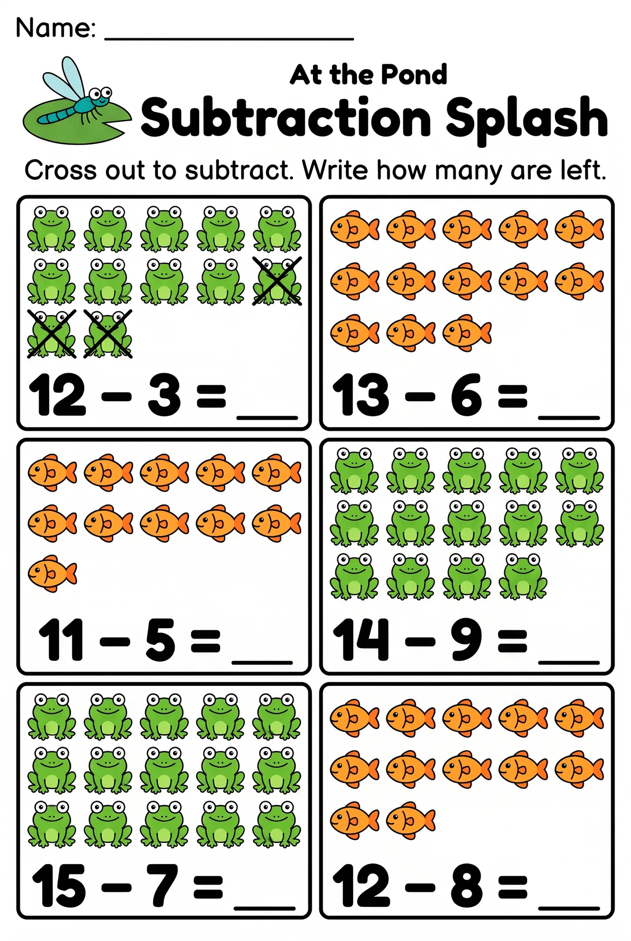 Pond Picture Subtraction Worksheet for Grade 1, page 1 preview