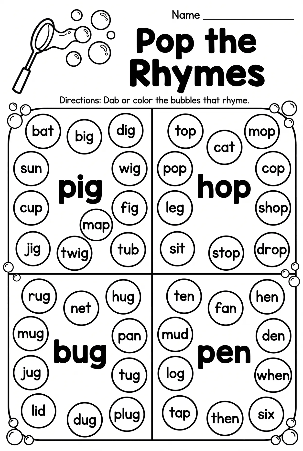 Pop the Rhymes: Dab-a-Dot Rhyming Words Worksheet, page 1 preview