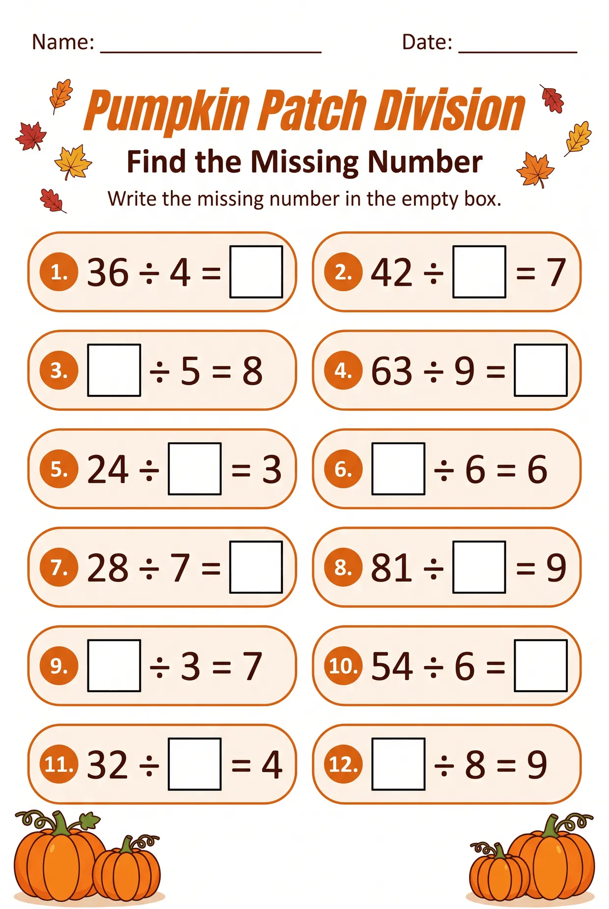 Pumpkin Patch Missing Number Division Worksheet Grade 3, page 1 preview
