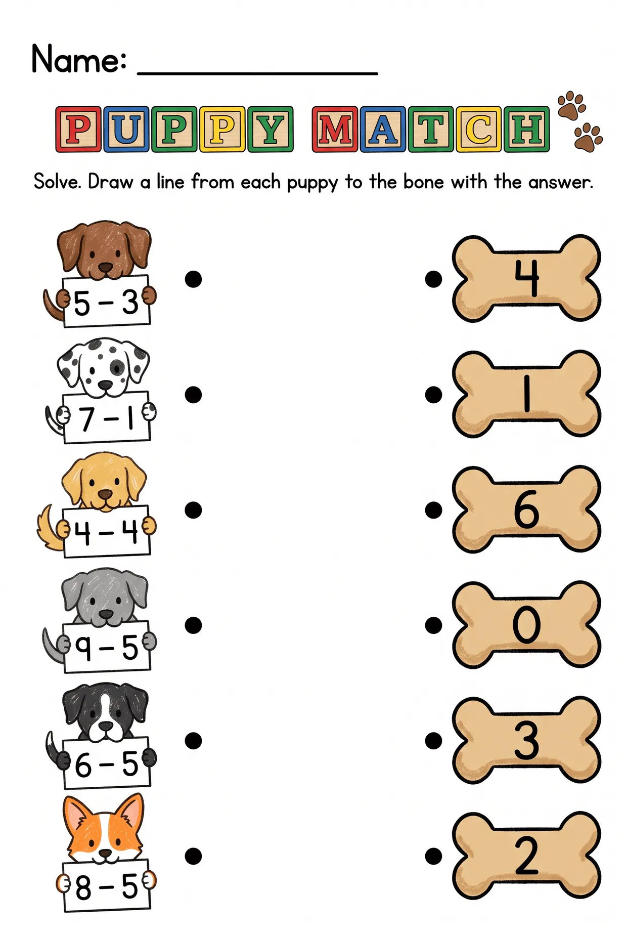 Puppy Match Subtraction Worksheet for Kindergarten, page 1 preview