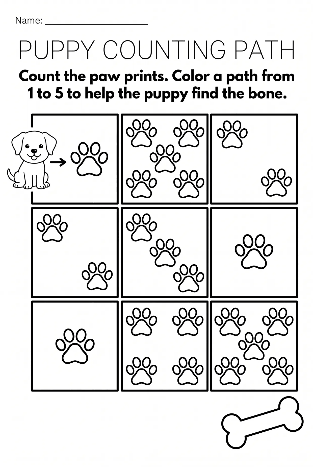Puppy Counting Path Maze Worksheet for Preschool, page 1 preview