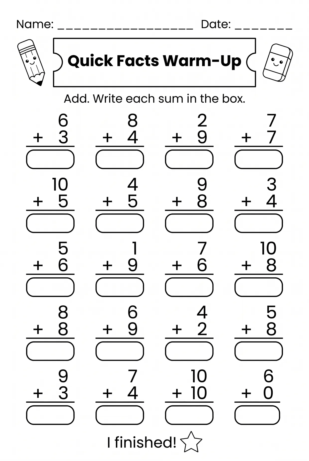 Quick Warm-Up Addition Worksheet Within 20 for Grade 1, page 1 preview