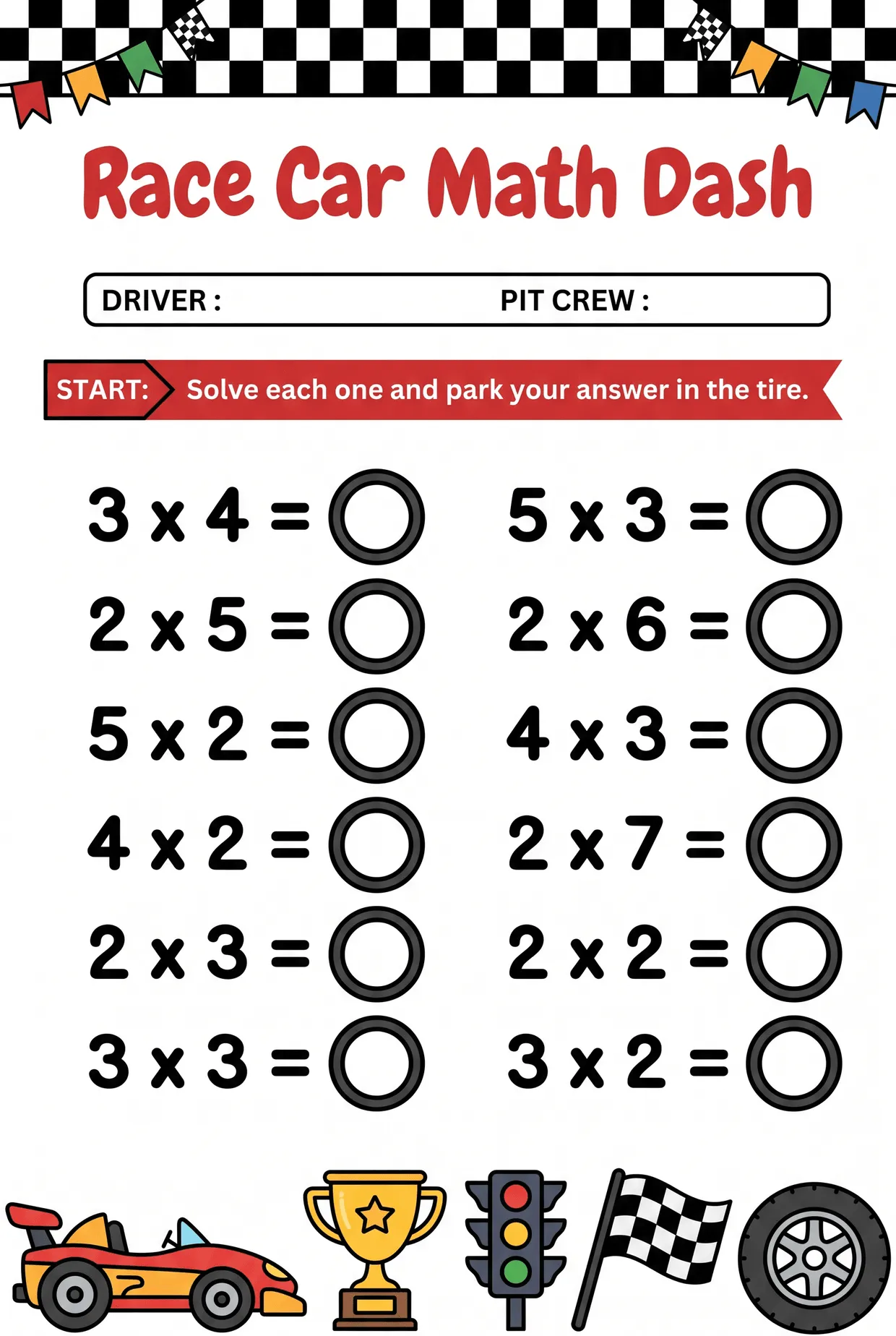 Race Car Math Dash: Multiplication Tire Worksheet, page 1 preview