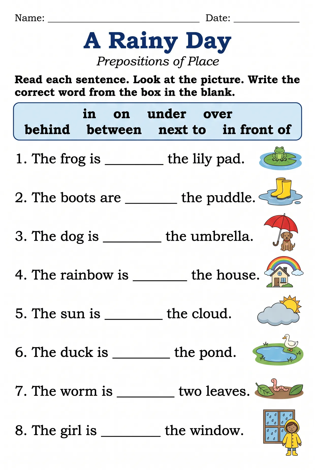 A Rainy Day Prepositions Worksheet for First Grade, page 1 preview