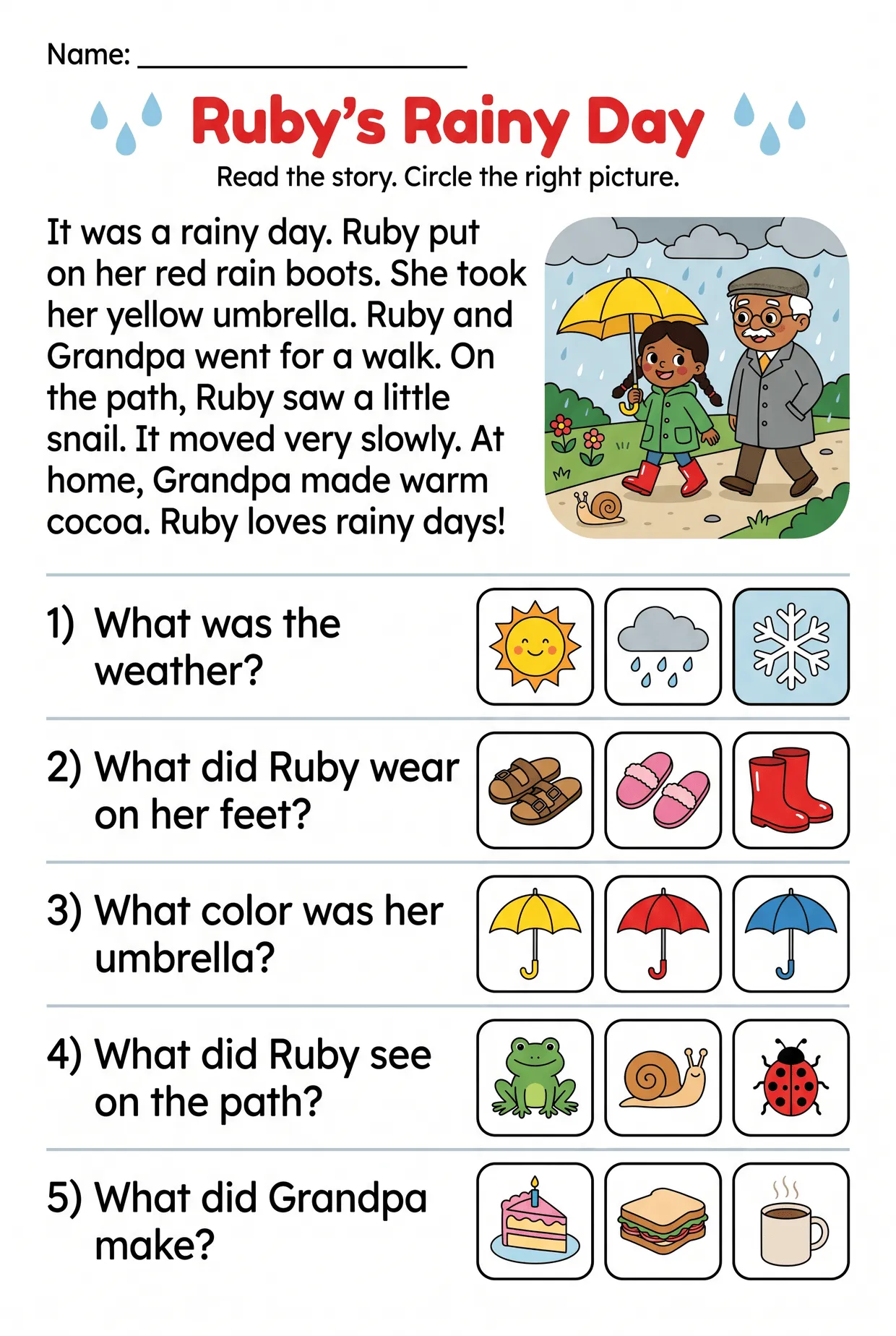 Ruby's Rainy Day Reading Comprehension for Grade 1, page 1 preview