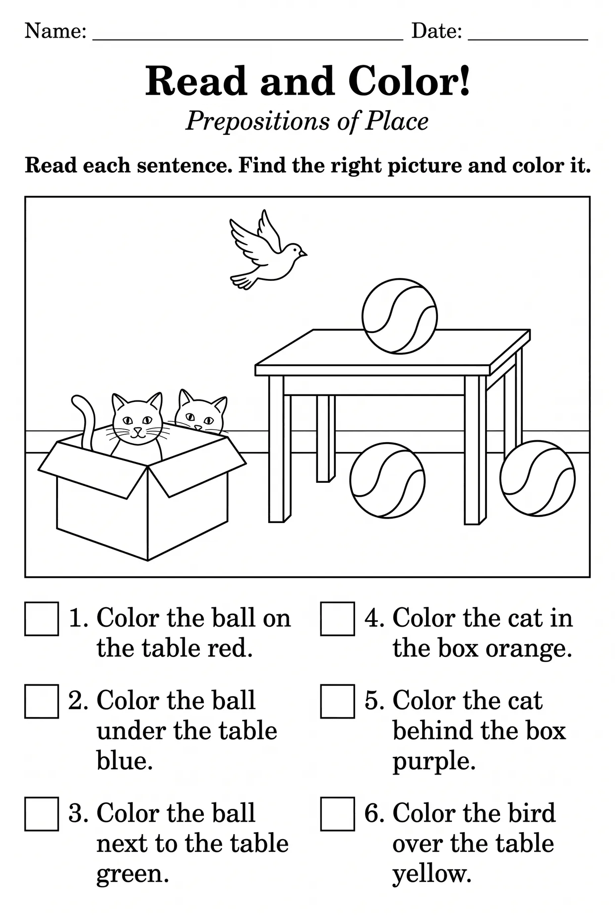 Read and Color: Prepositions Worksheet for Grade 1, page 1 preview