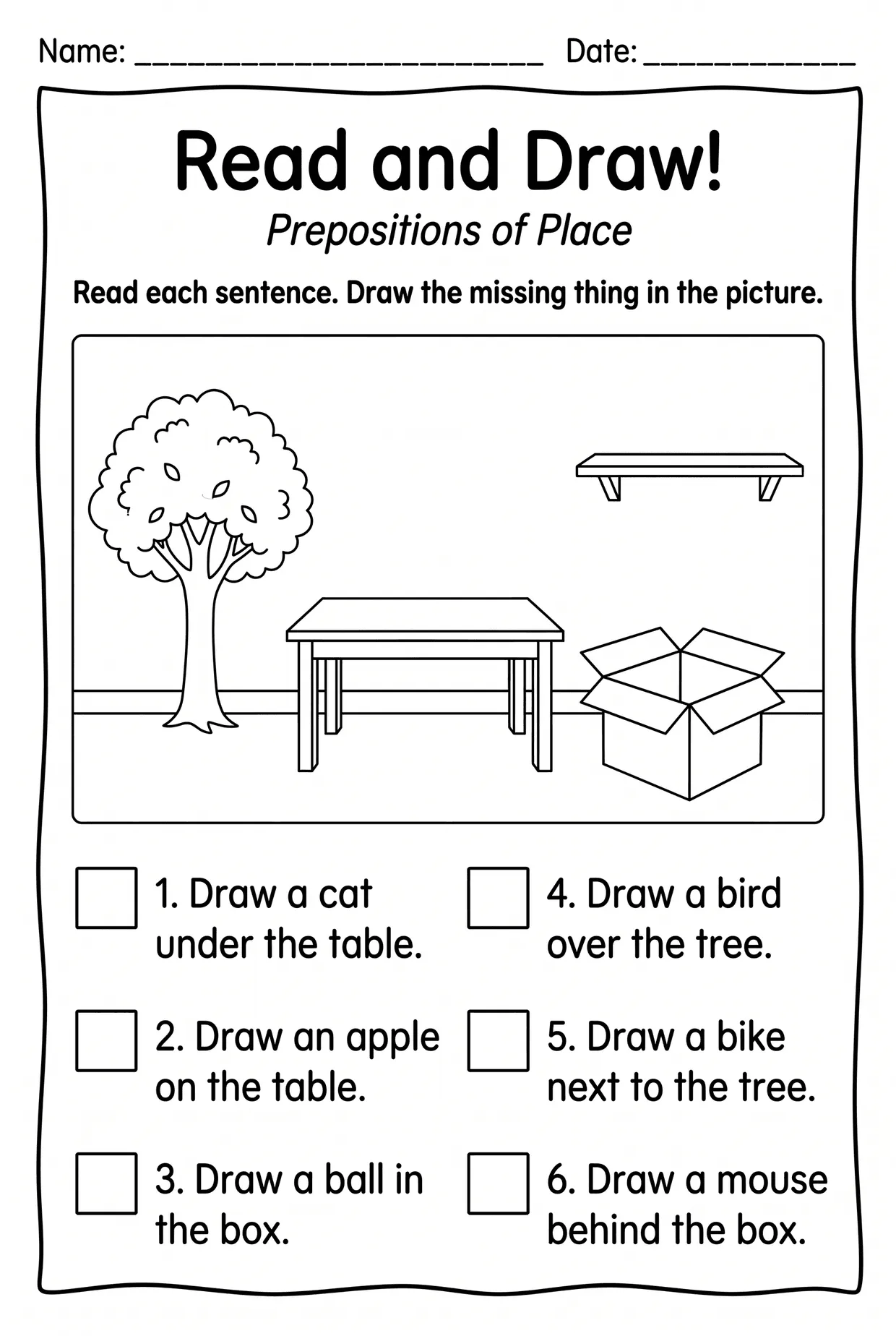 Read and Draw: Prepositions of Place Worksheet, page 1 preview