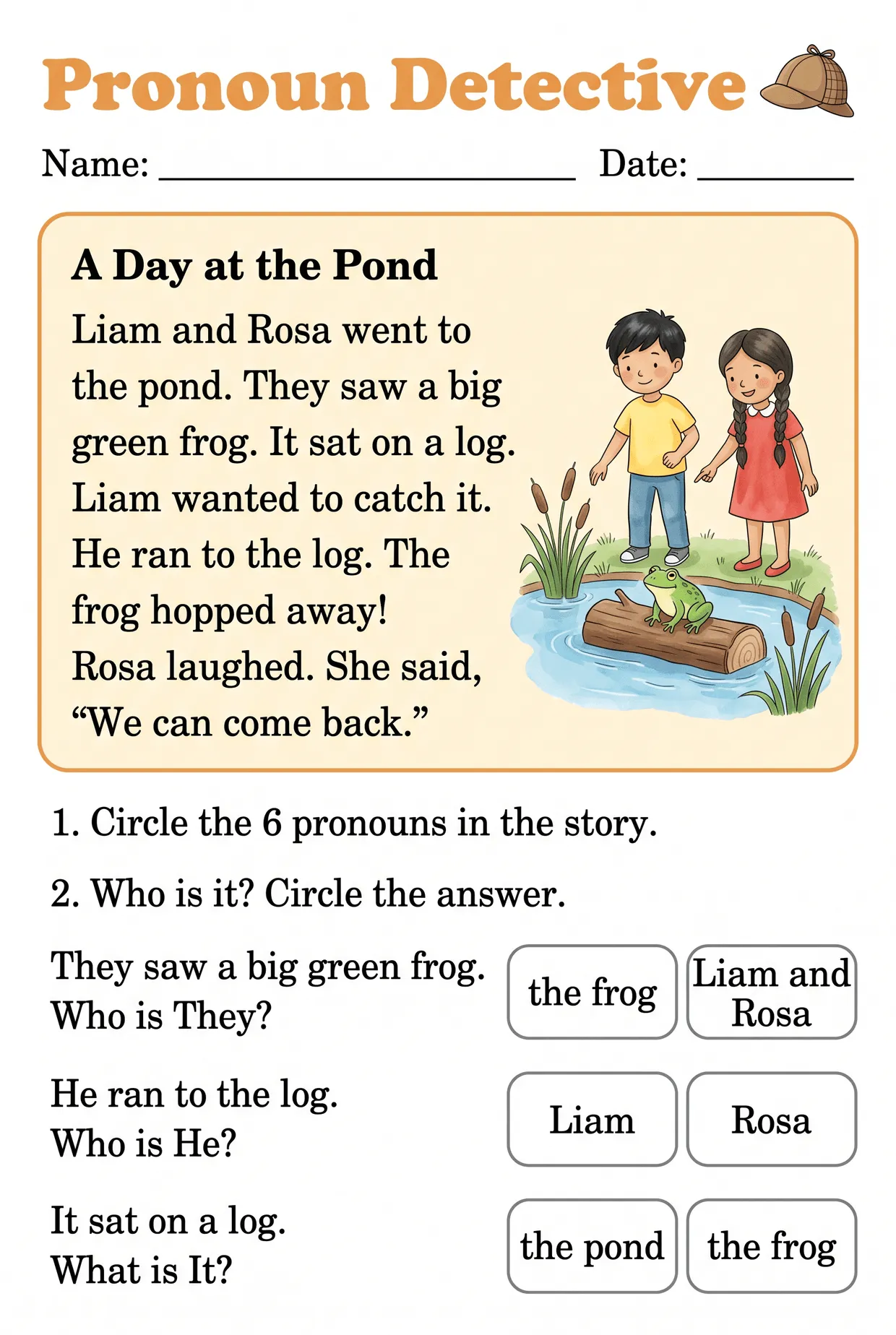 Pronoun Detective: Reading Passage Worksheet for Grade 1, page 1 preview