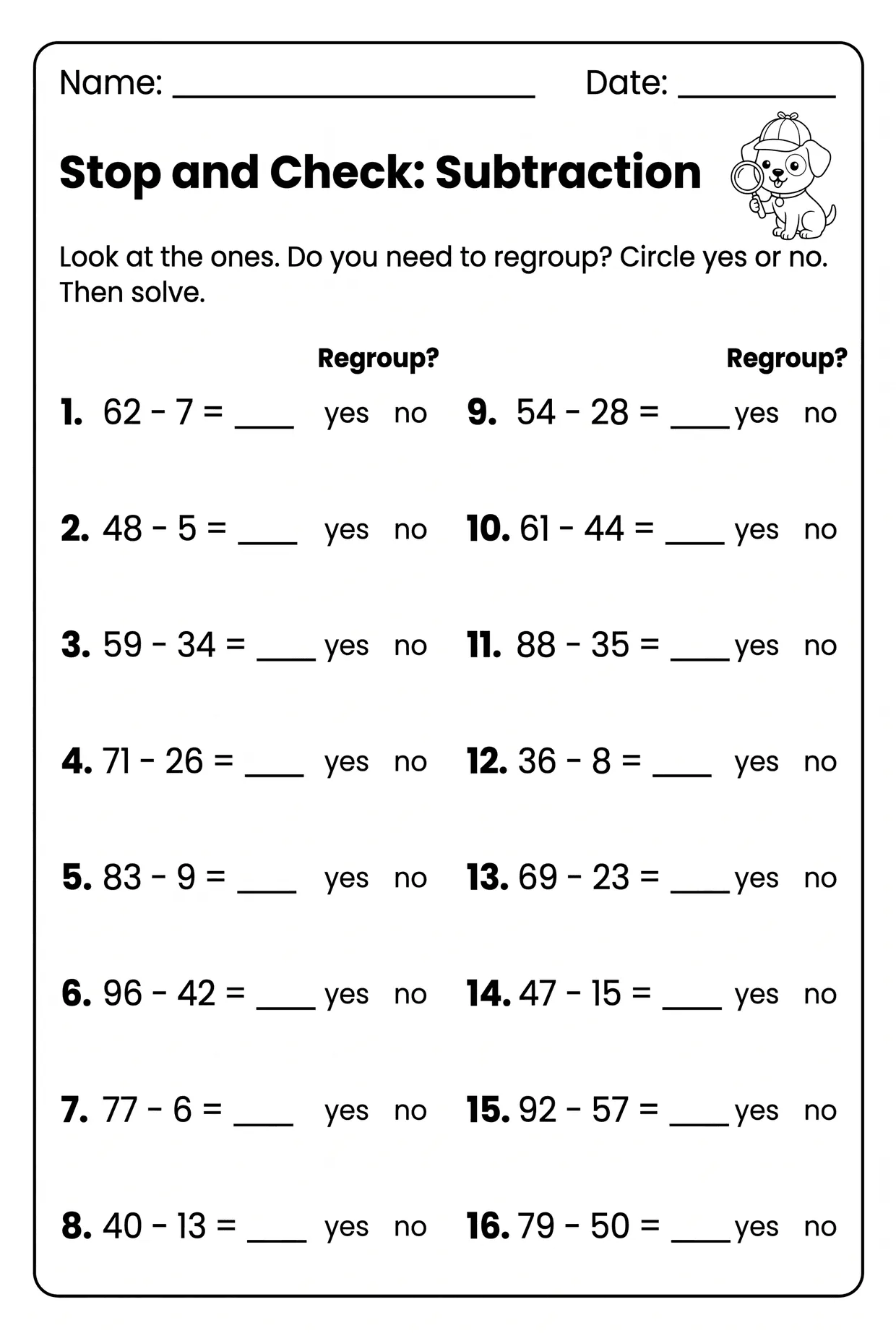 Regroup or Not Subtraction Worksheet for 2nd Grade, page 1 preview