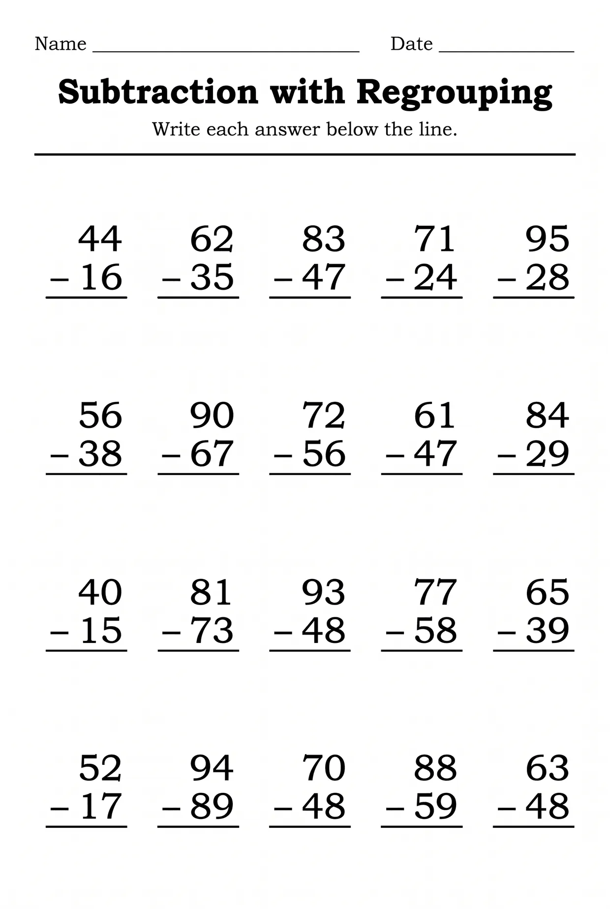 Regrouping 2nd Grade Subtraction Worksheet, No Boxes worksheet preview