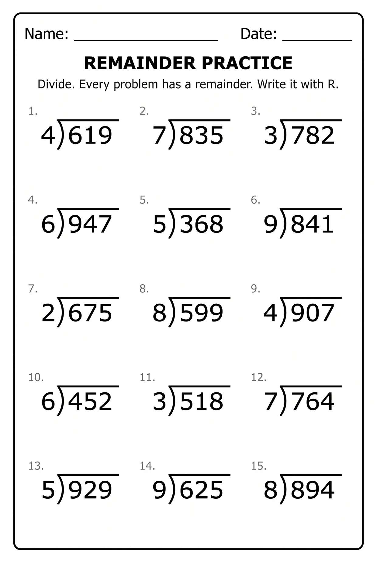 Remainder Practice 4th Grade Division Worksheet, page 1 preview