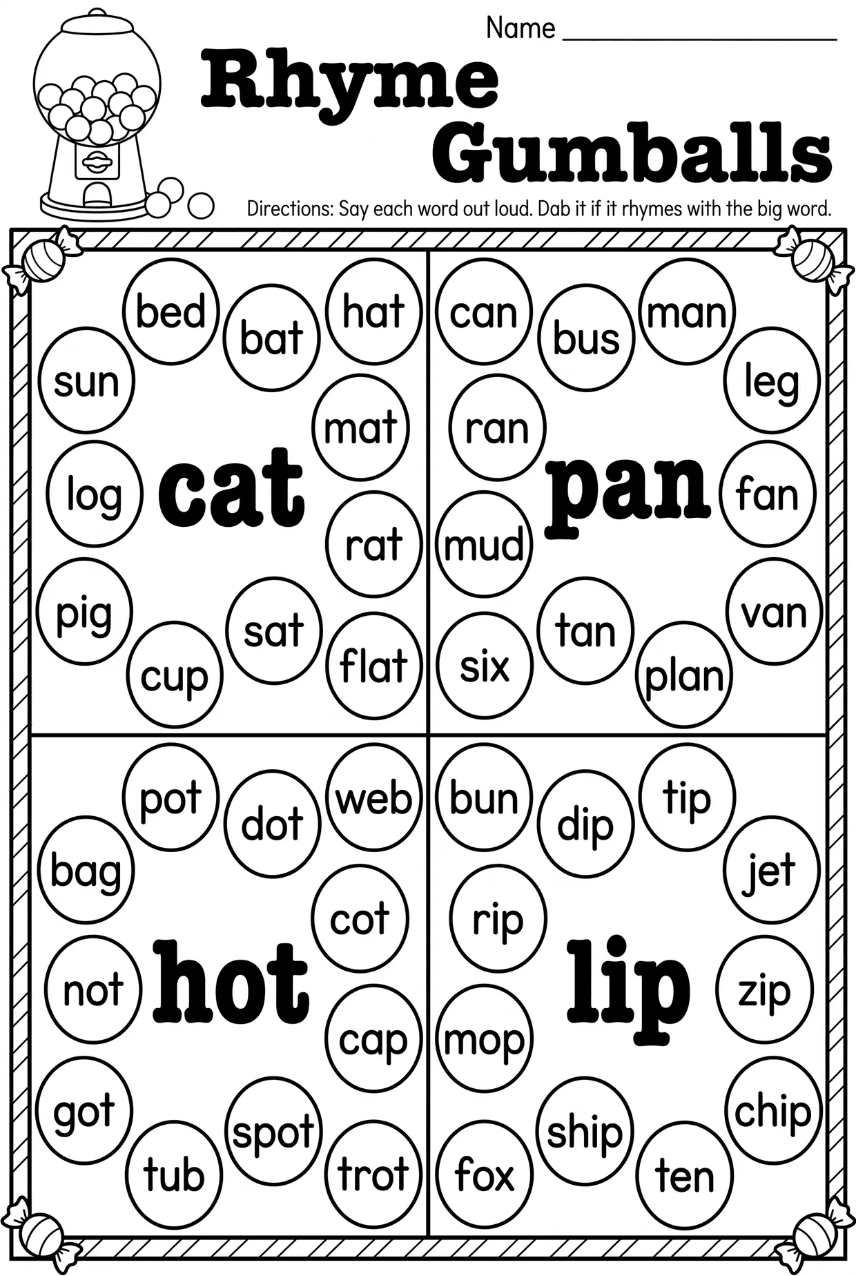 Rhyme Gumballs: Dab-a-Dot Rhyming Words Worksheet worksheet preview