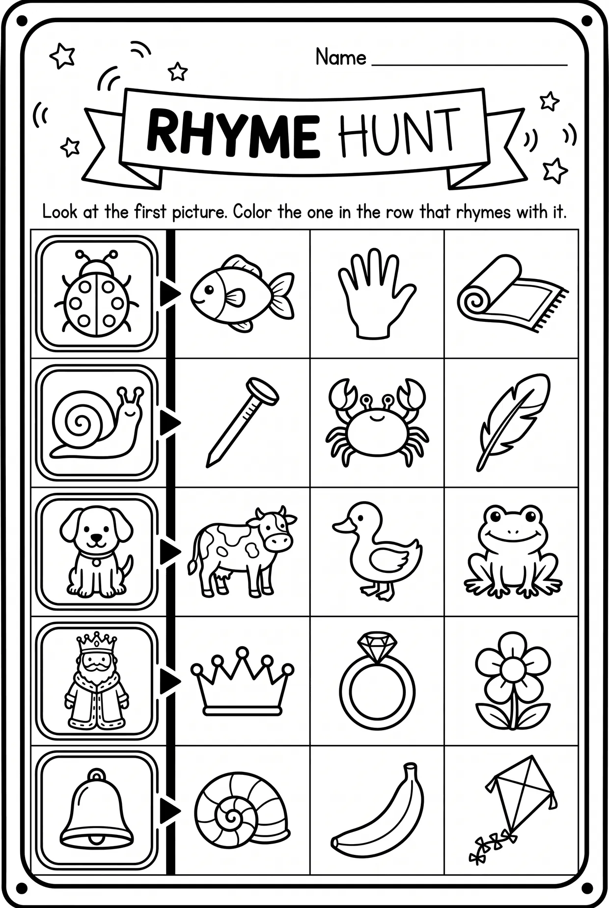 Rhyme Hunt: Color the Match Rhyming Words Worksheet, page 1 preview